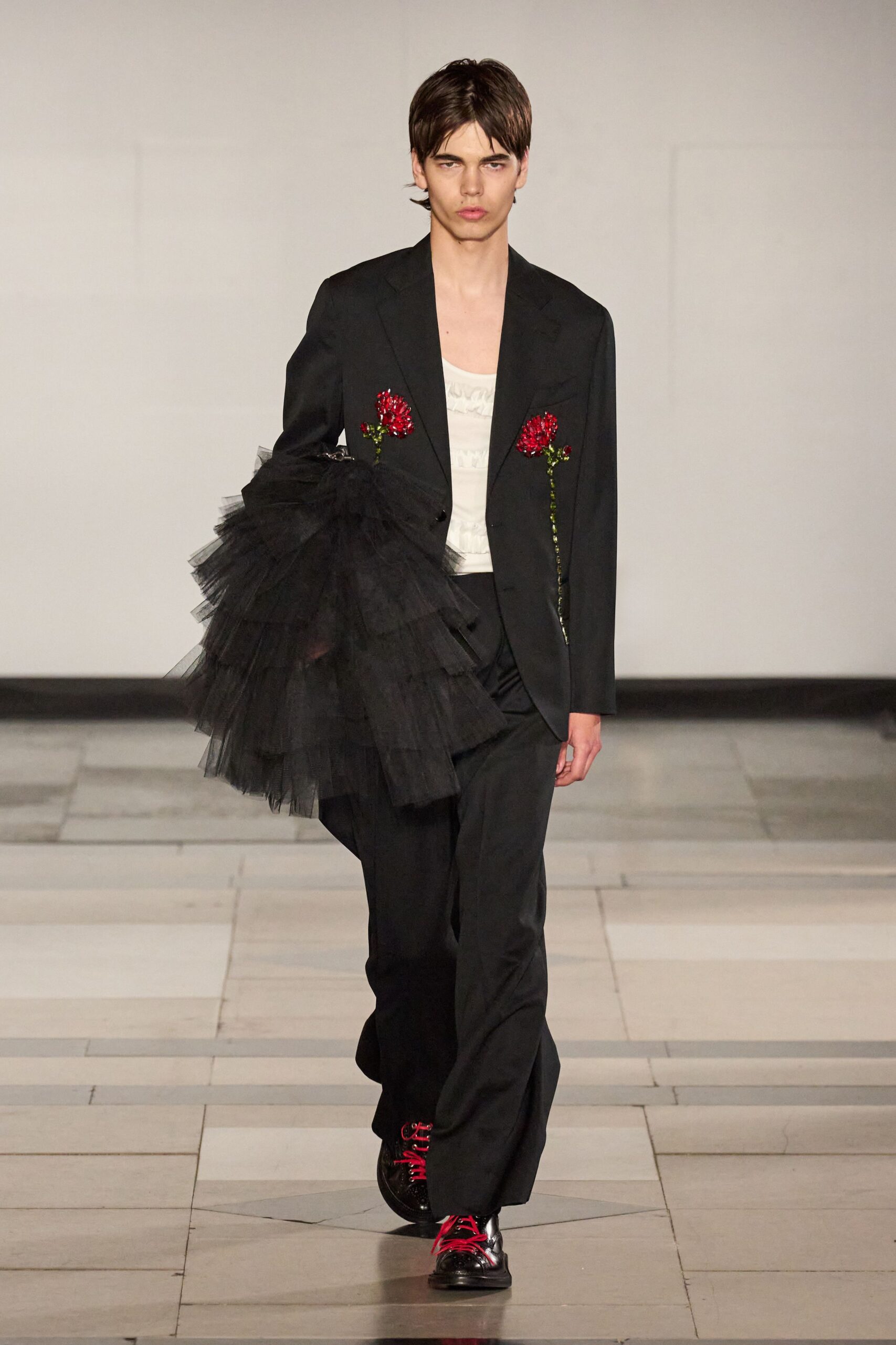 black cotton long-sleeve collared tailored embroidered blazer