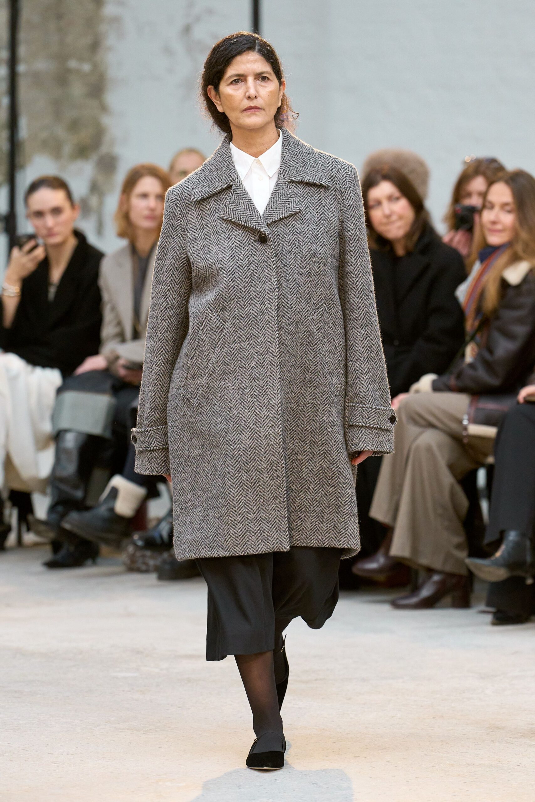 gray wool coat with black dress