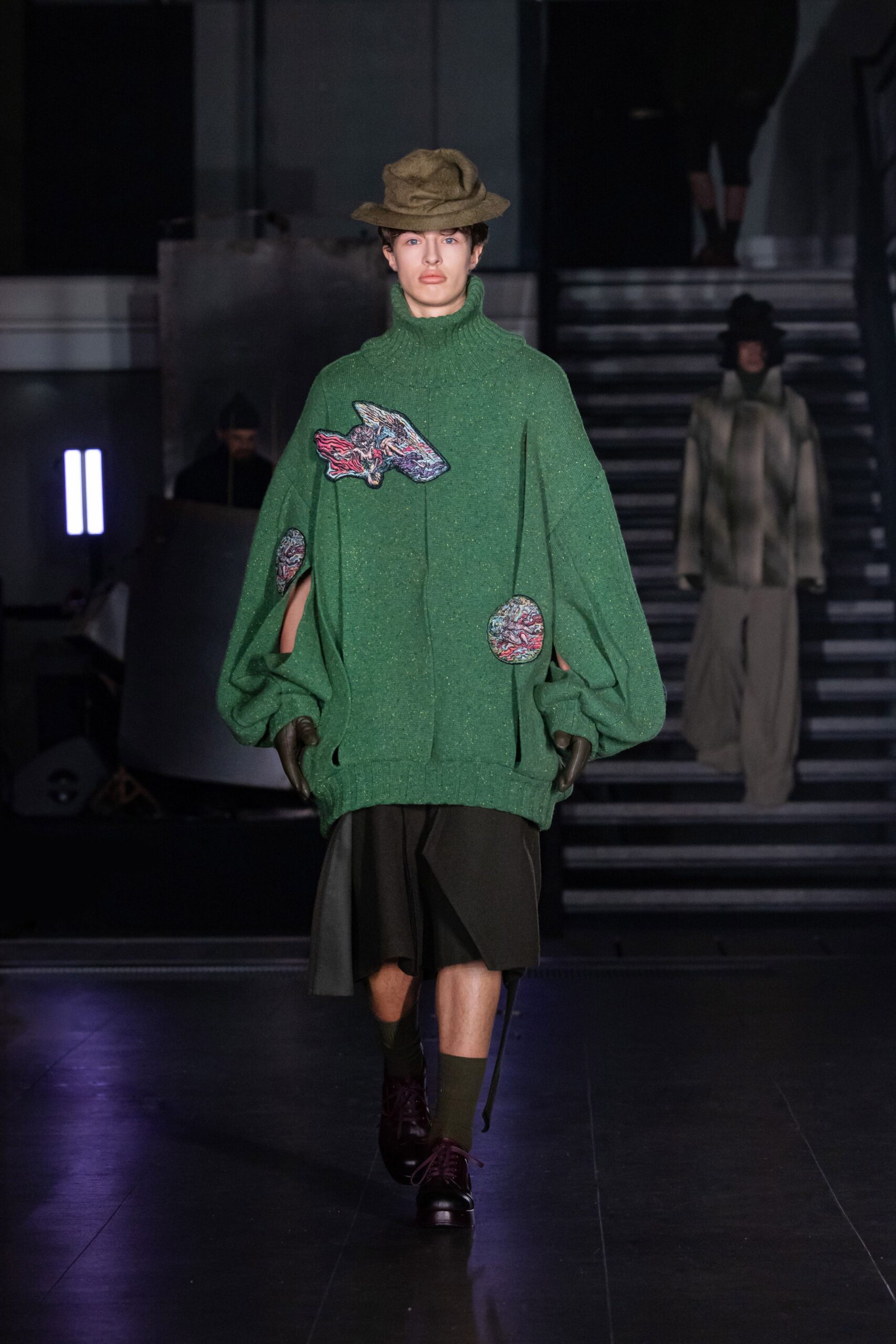 green wool long-sleeve high-neck oversized embroidered sweater