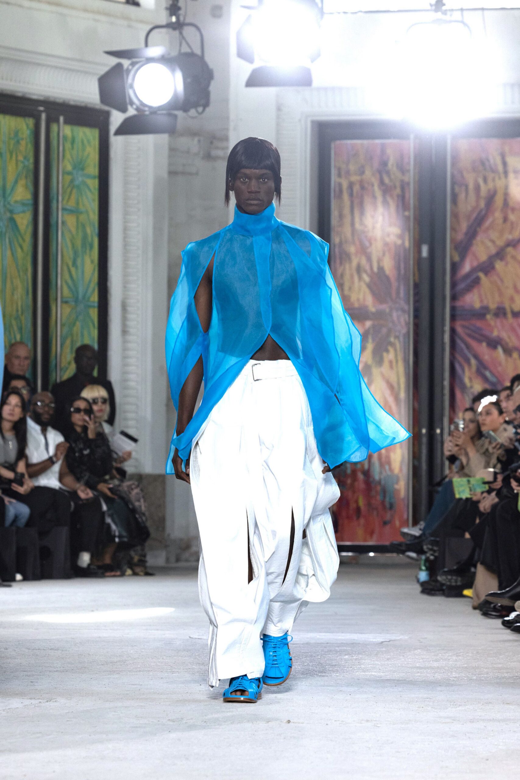 blue silk sleeveless high-neck relaxed draped flowing top