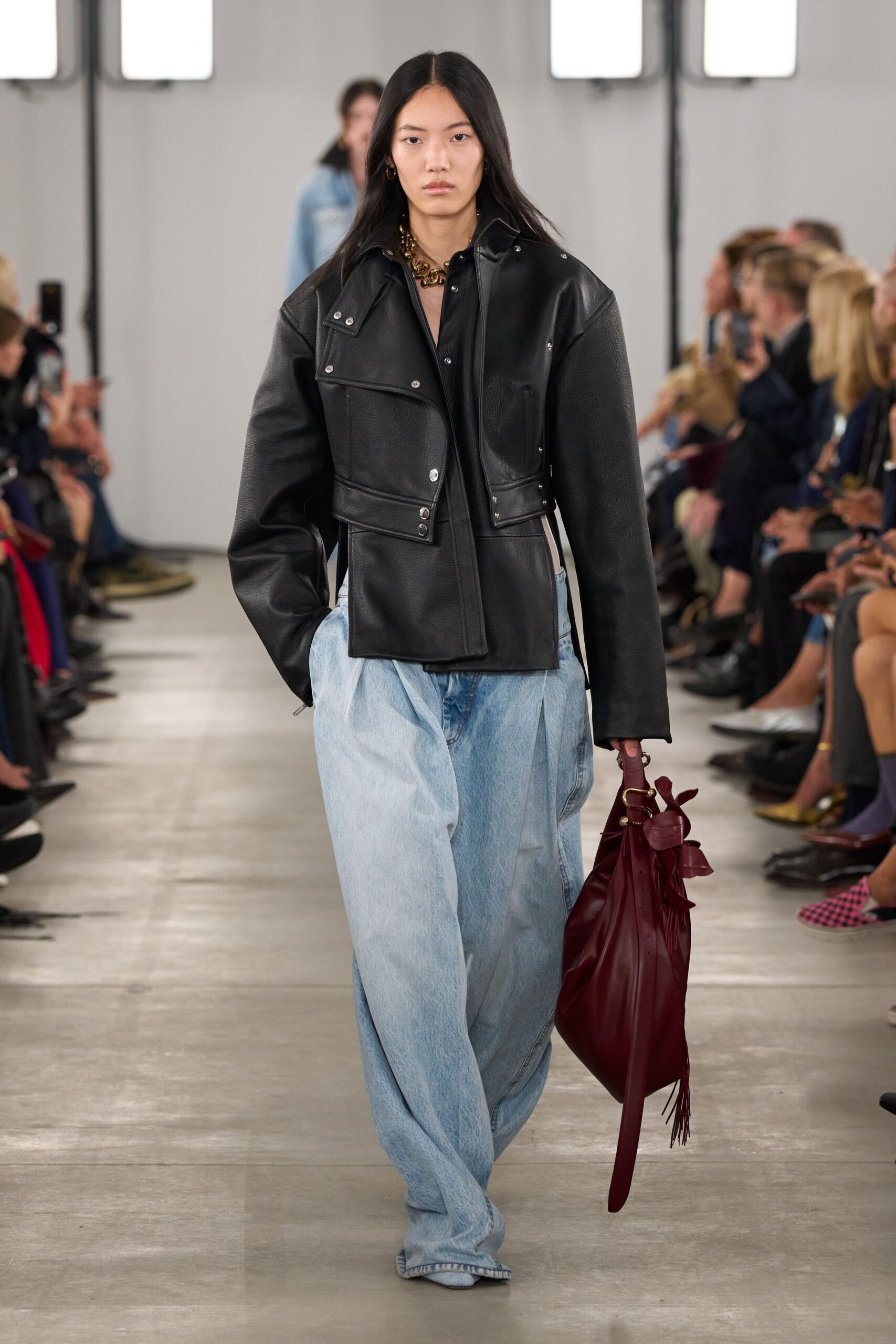 black leather long-sleeve collared oversized zippered jacket