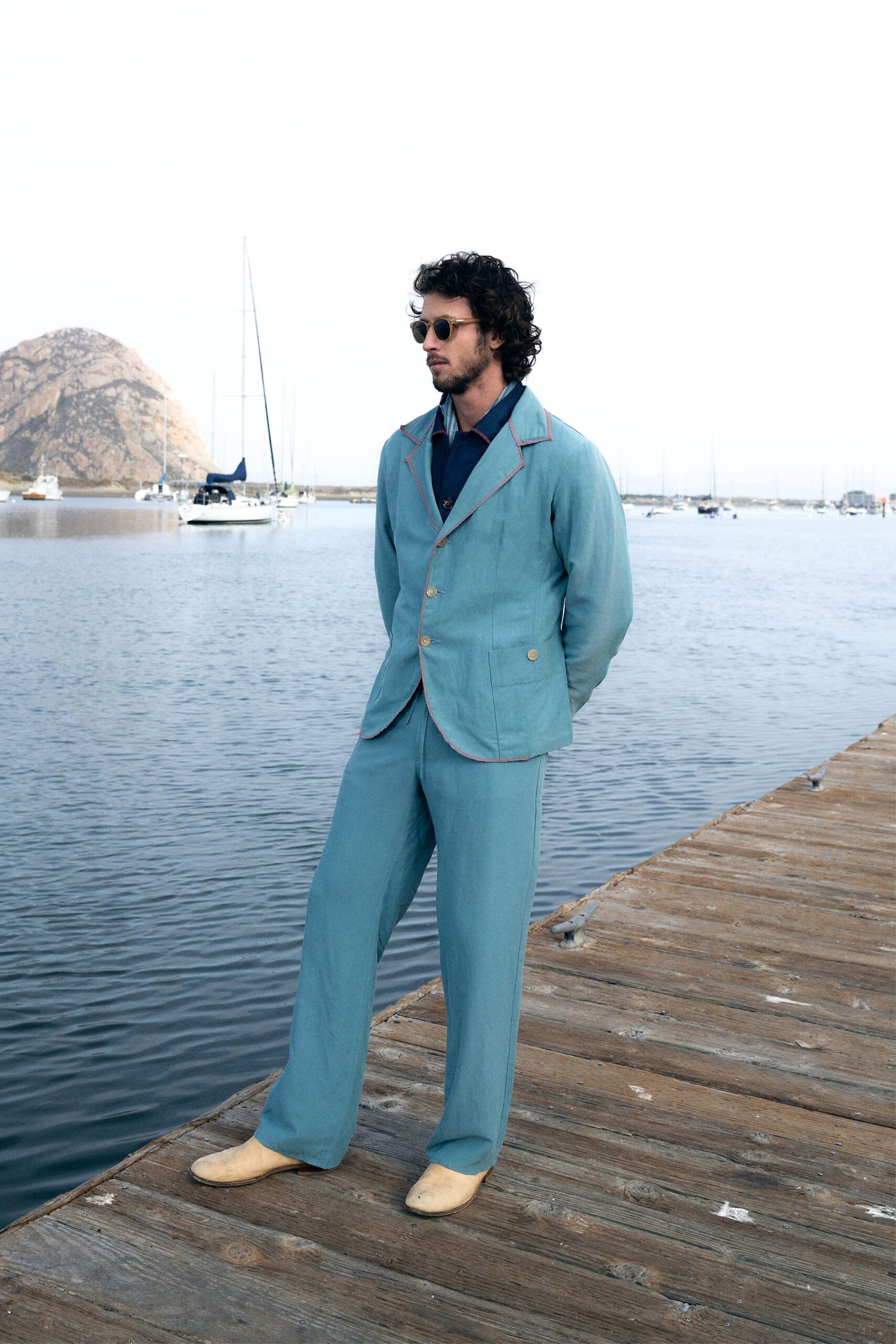 blue cotton long-sleeve collared tailored buttoned suit