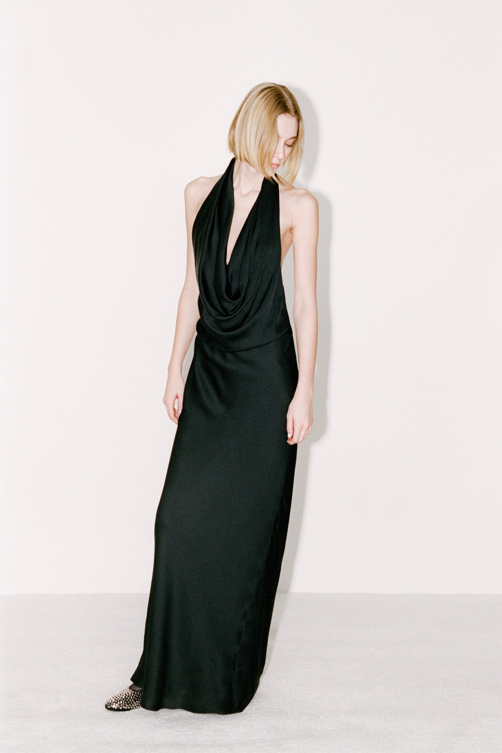 black silk halter gown