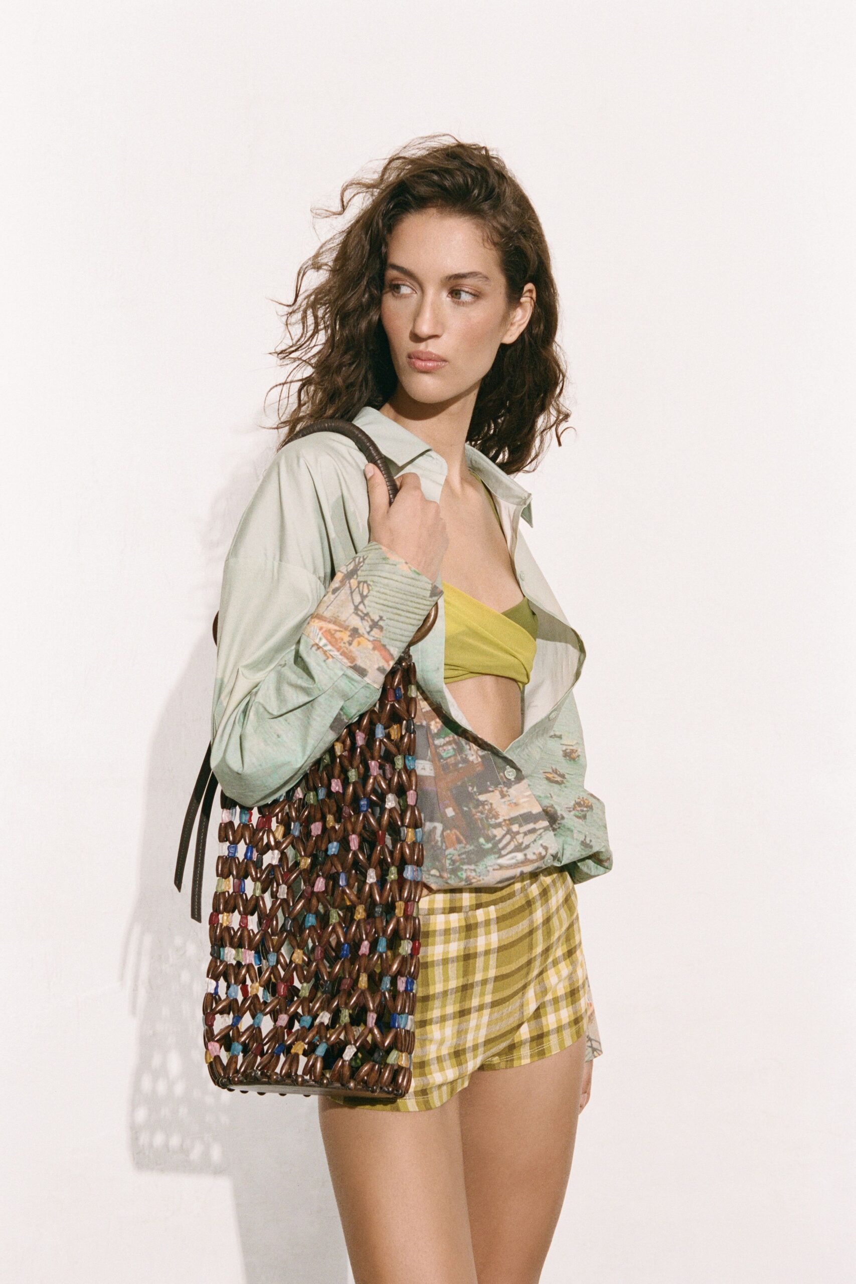 green cotton long-sleeve collared relaxed buttoned layered shirt