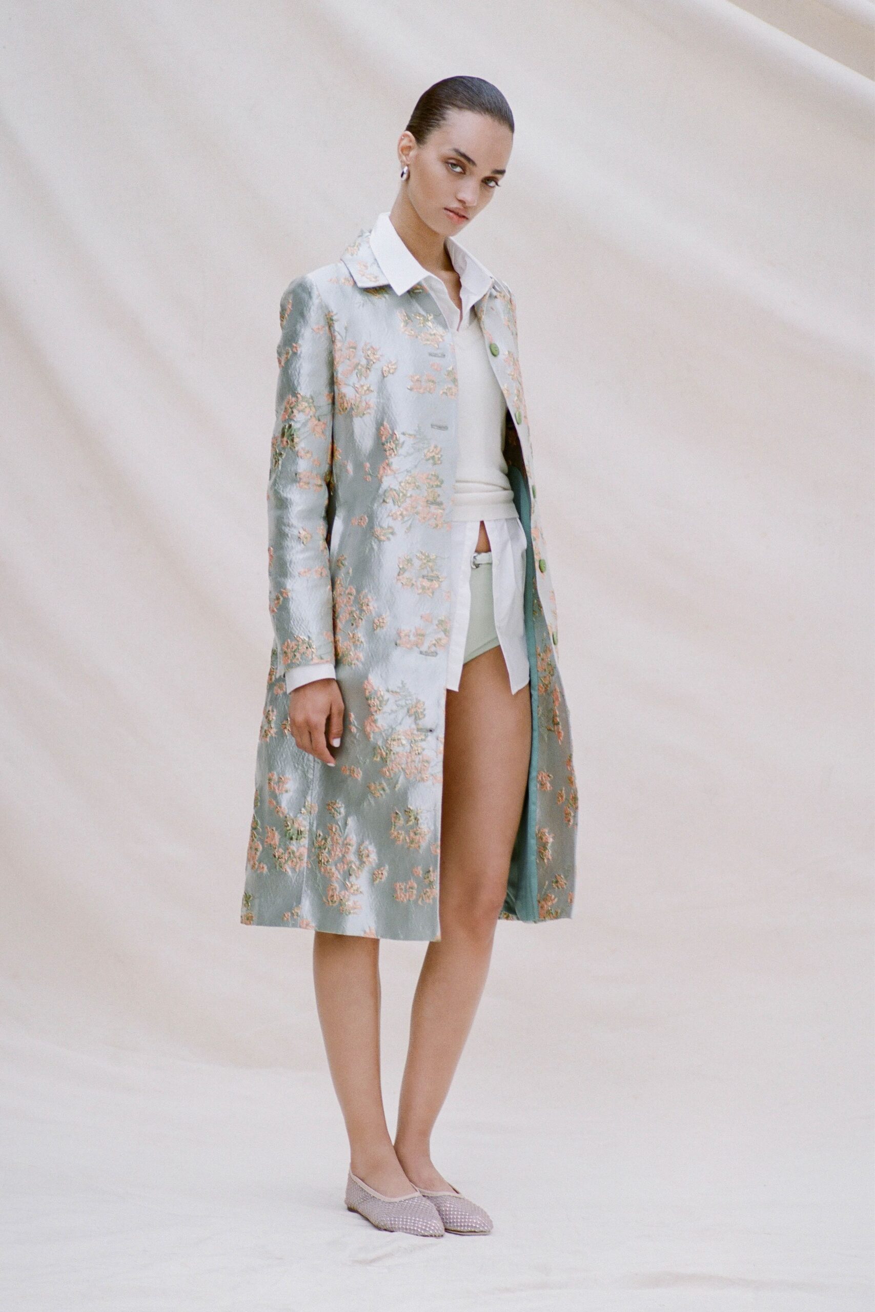 blue silk long-sleeve collared fitted embroidered midi coat