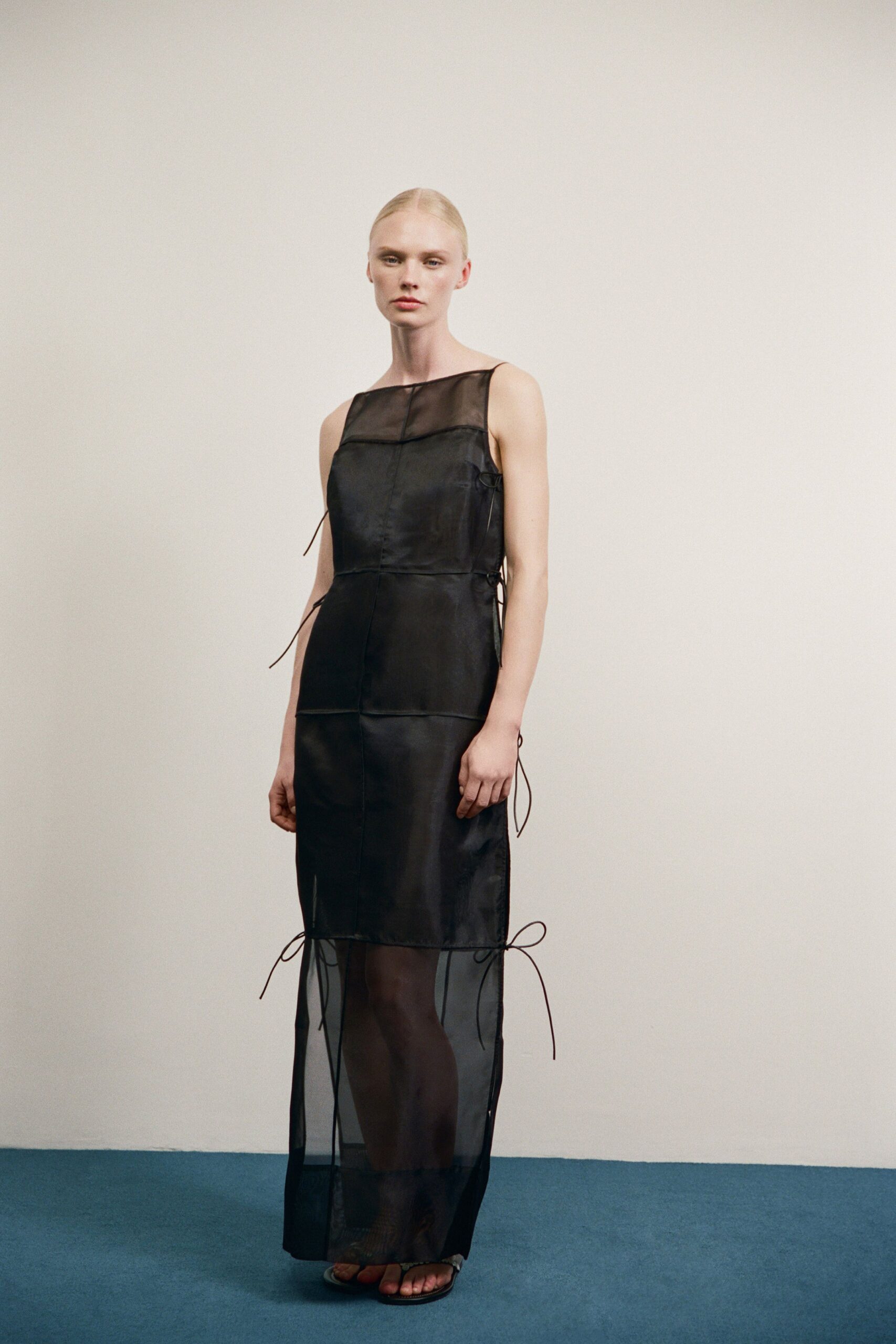 black silk sleeveless square-neck fitted draped sheer dress