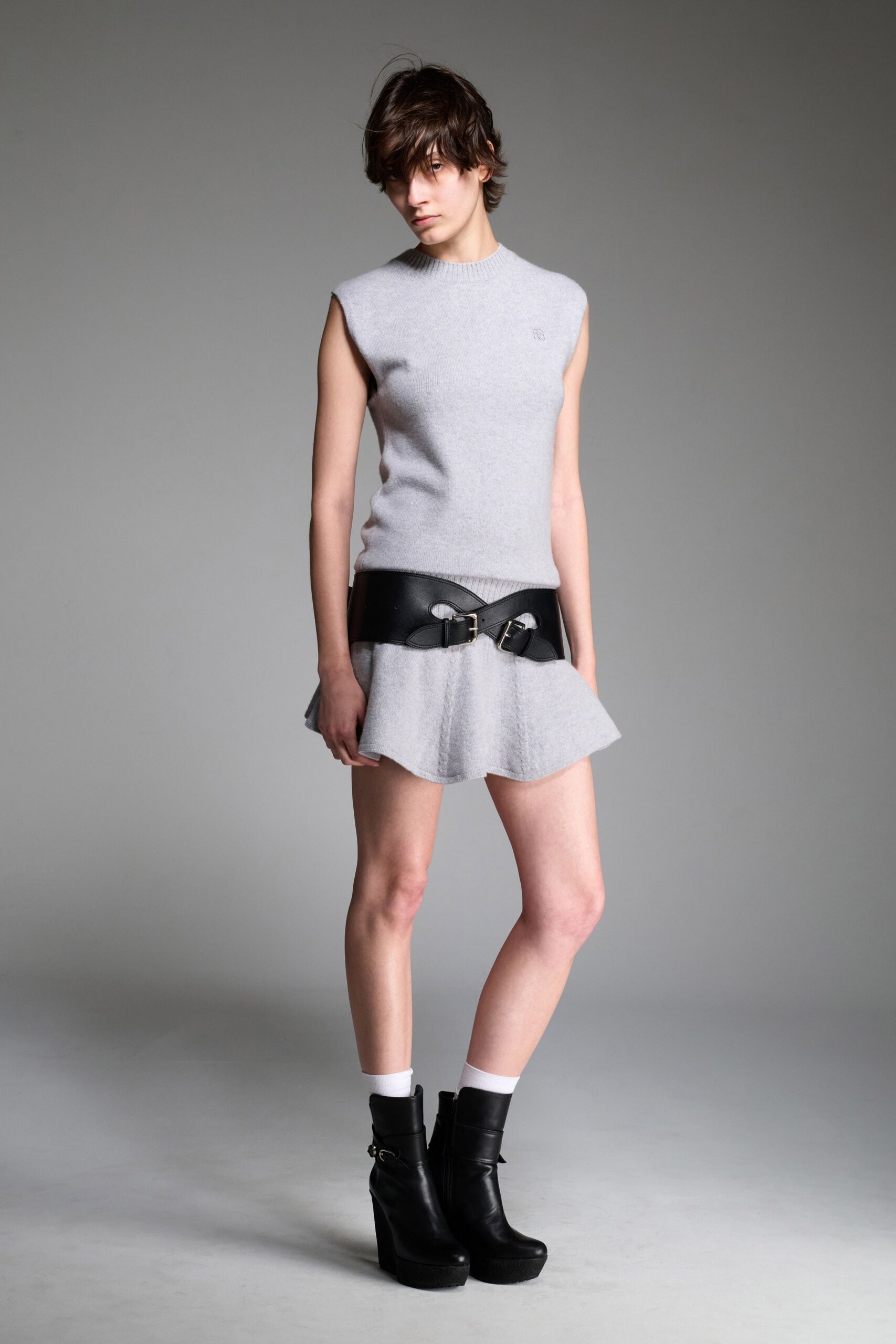 gray wool asymmetric fitted flared skirt
