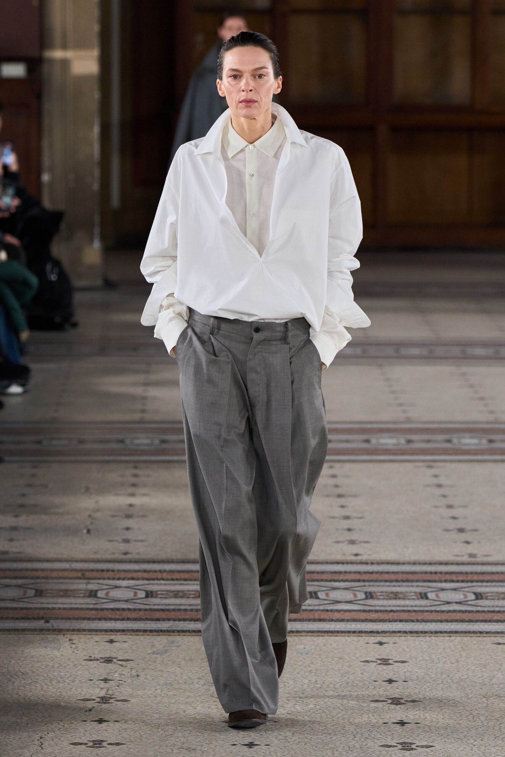 oversized white shirt gray pants