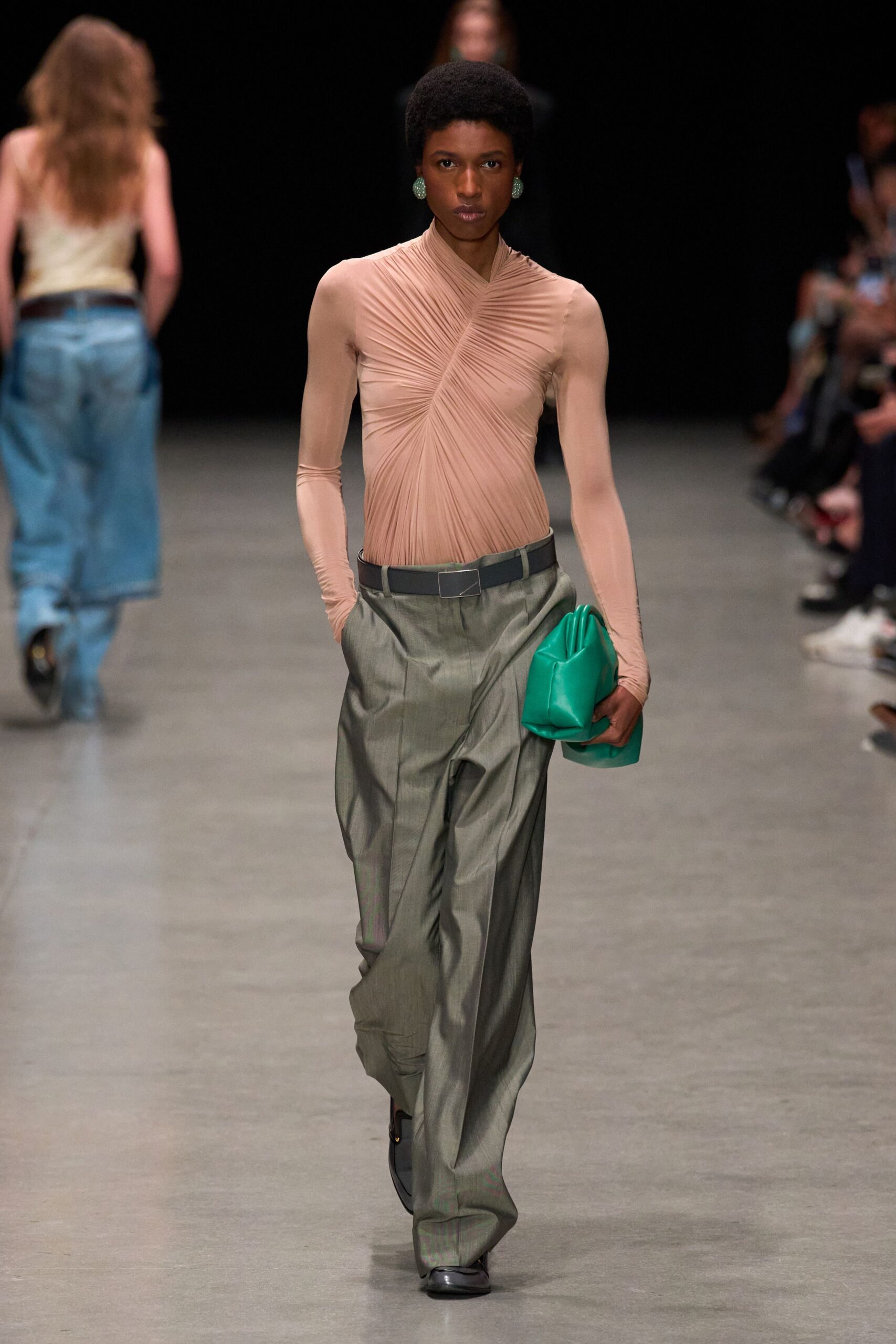pink fitted top gray relaxed pants