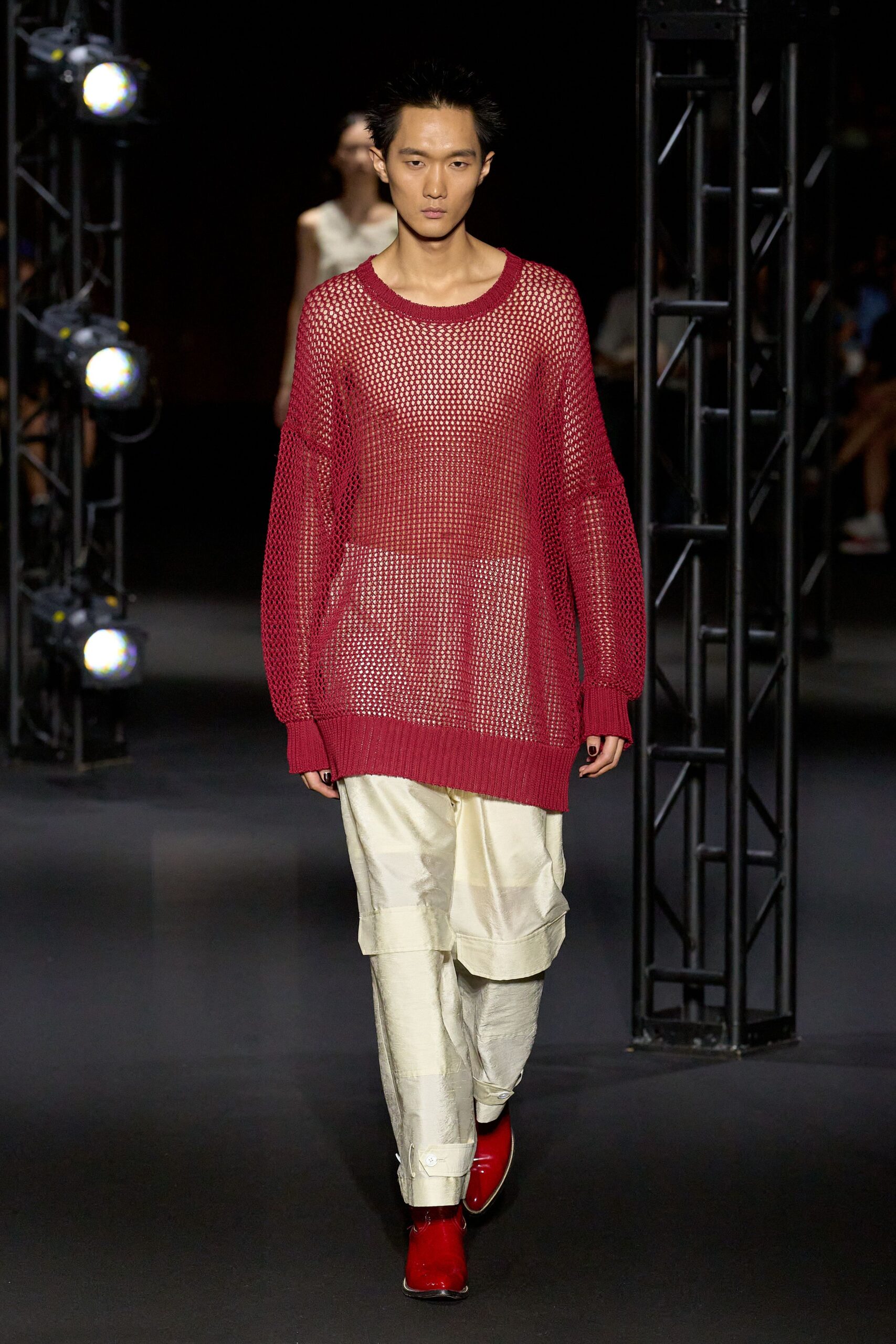 red knit long-sleeve v-neck oversized textured sweater