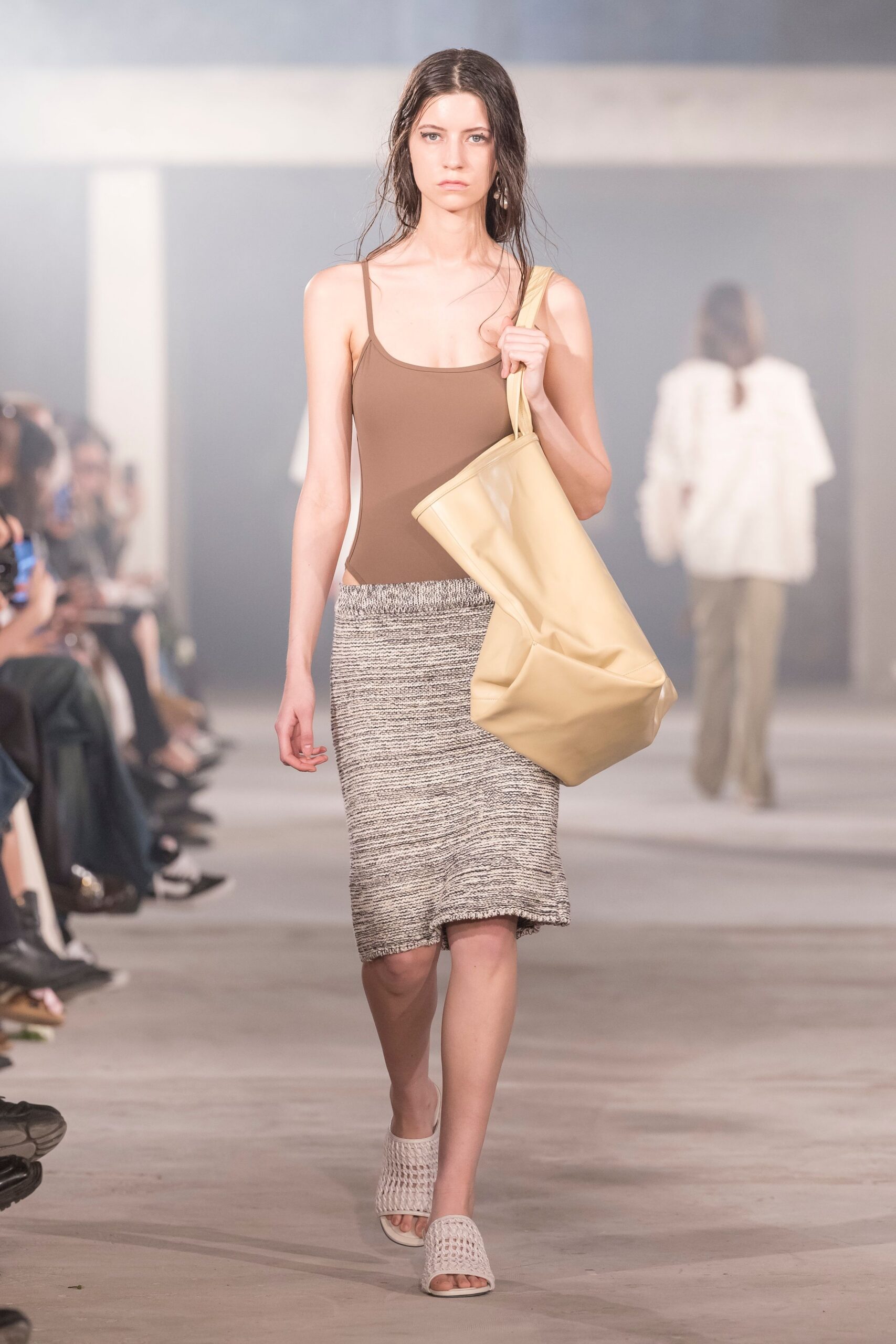 brown bodysuit gray fringed skirt