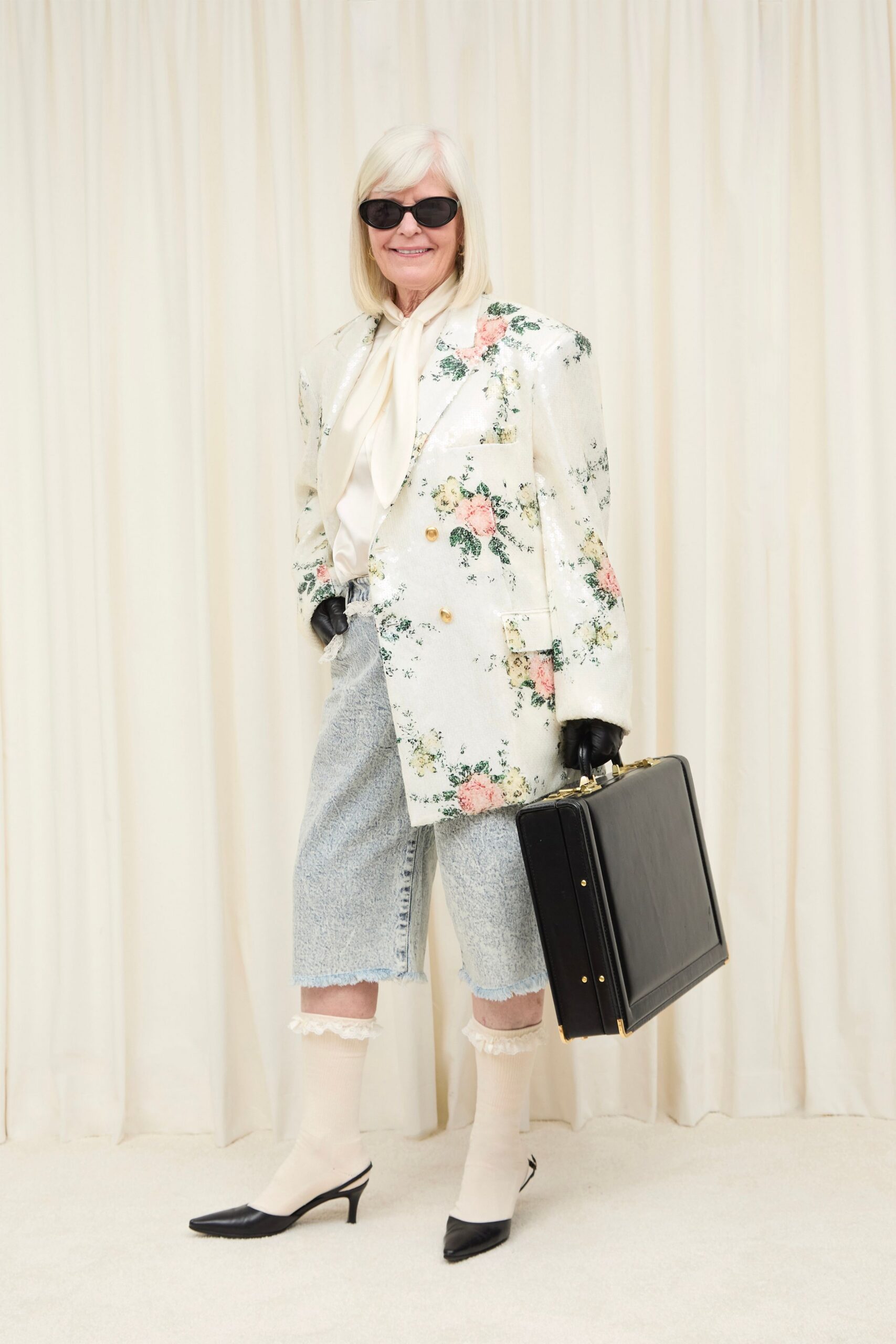 white cotton long-sleeve collared oversized floral blazer