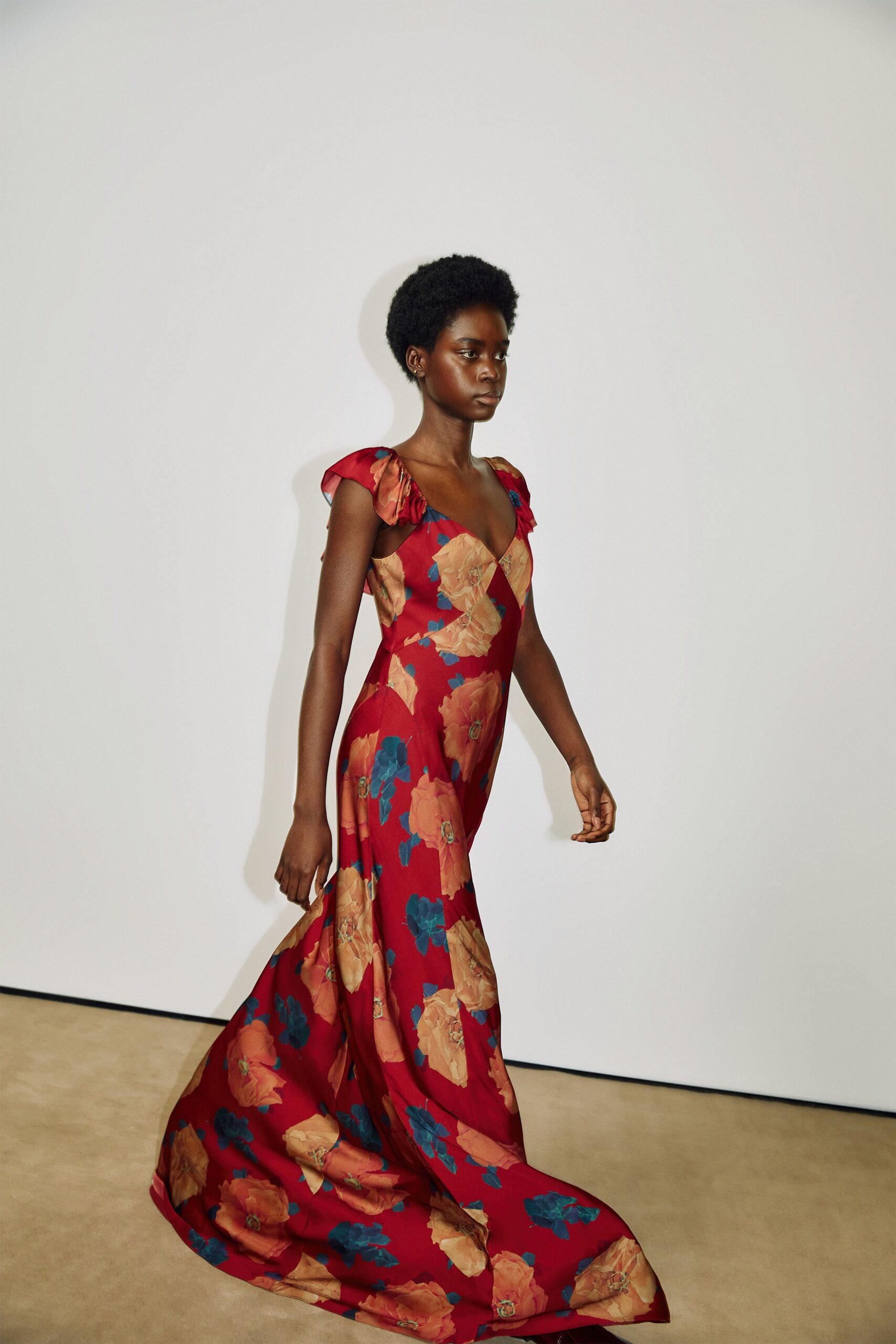 red floral silk gown