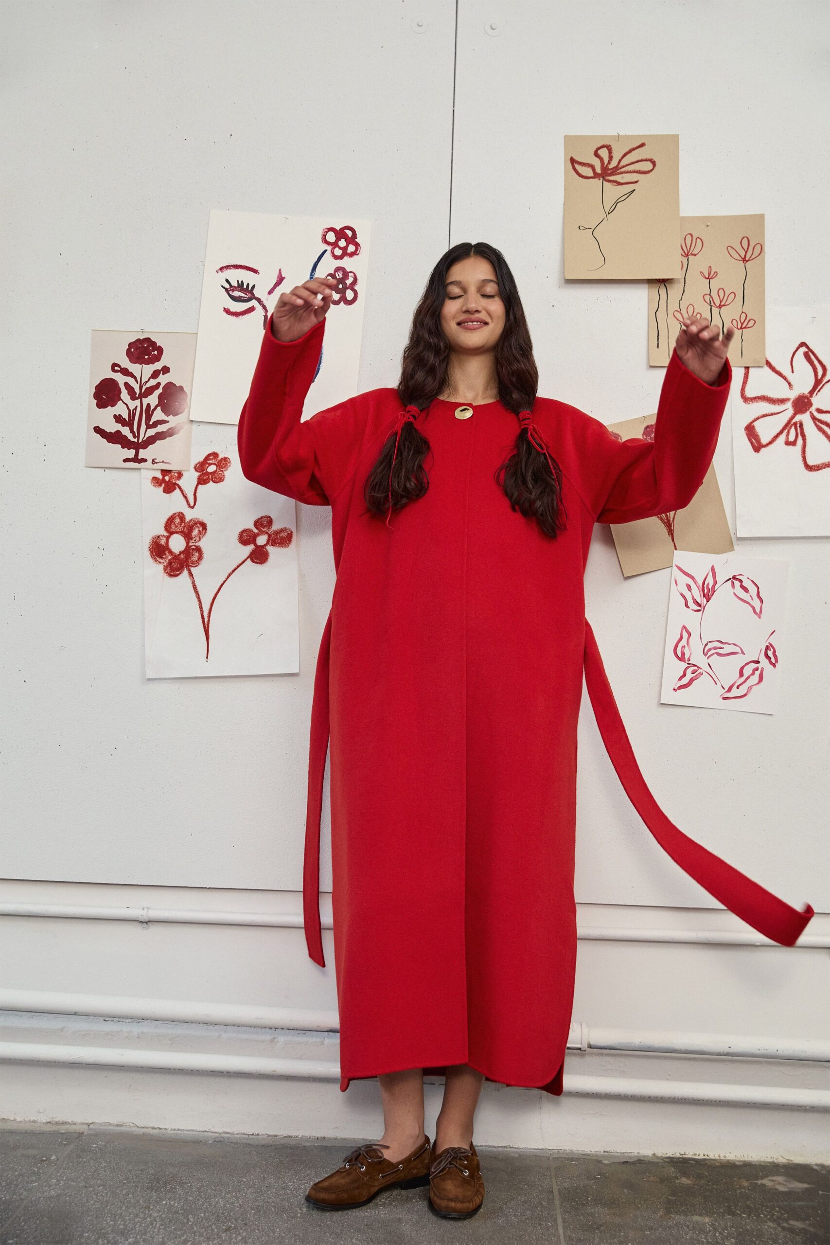 red cotton long-sleeve collared relaxed belted maxi dress