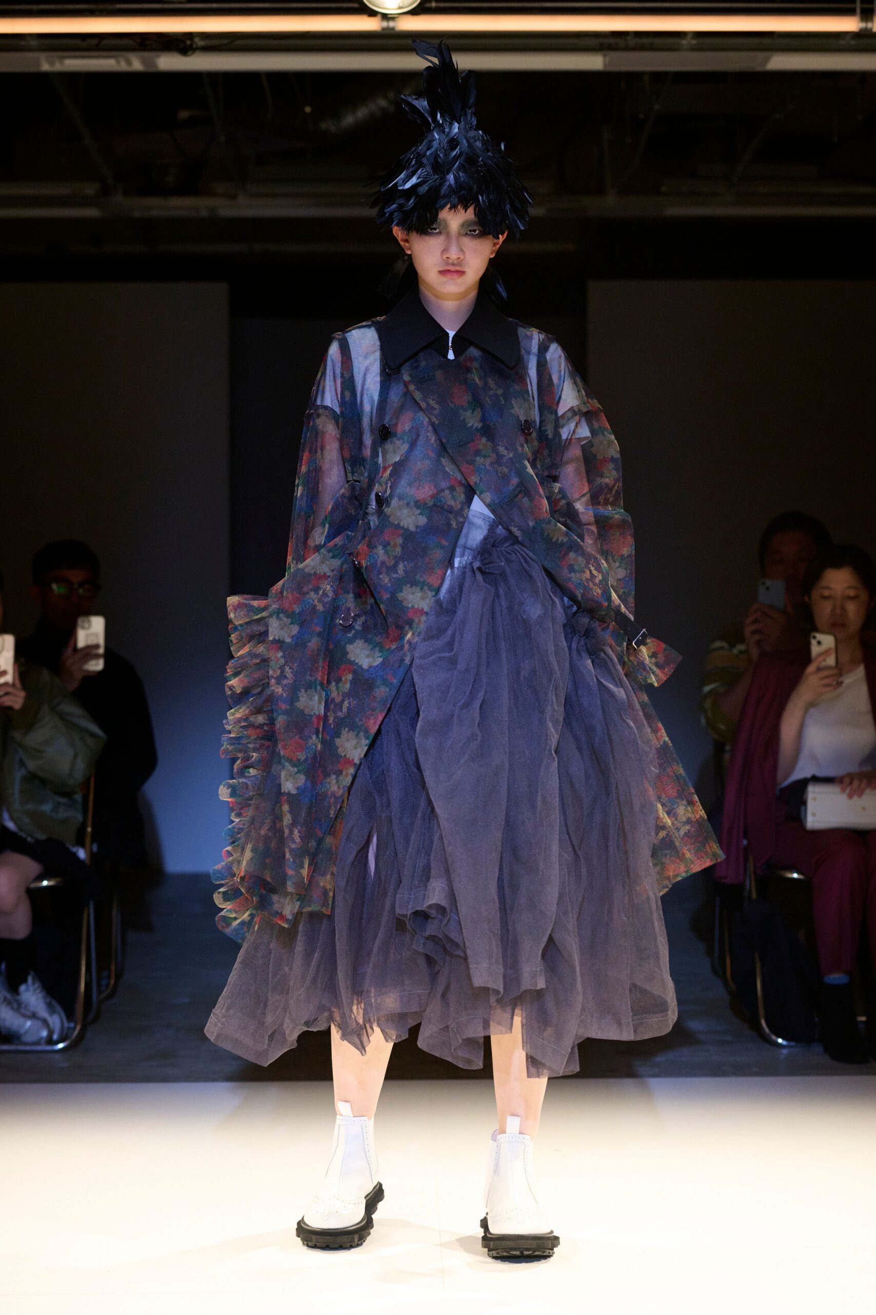 multi chiffon long-sleeve collared relaxed layered ruffled coat