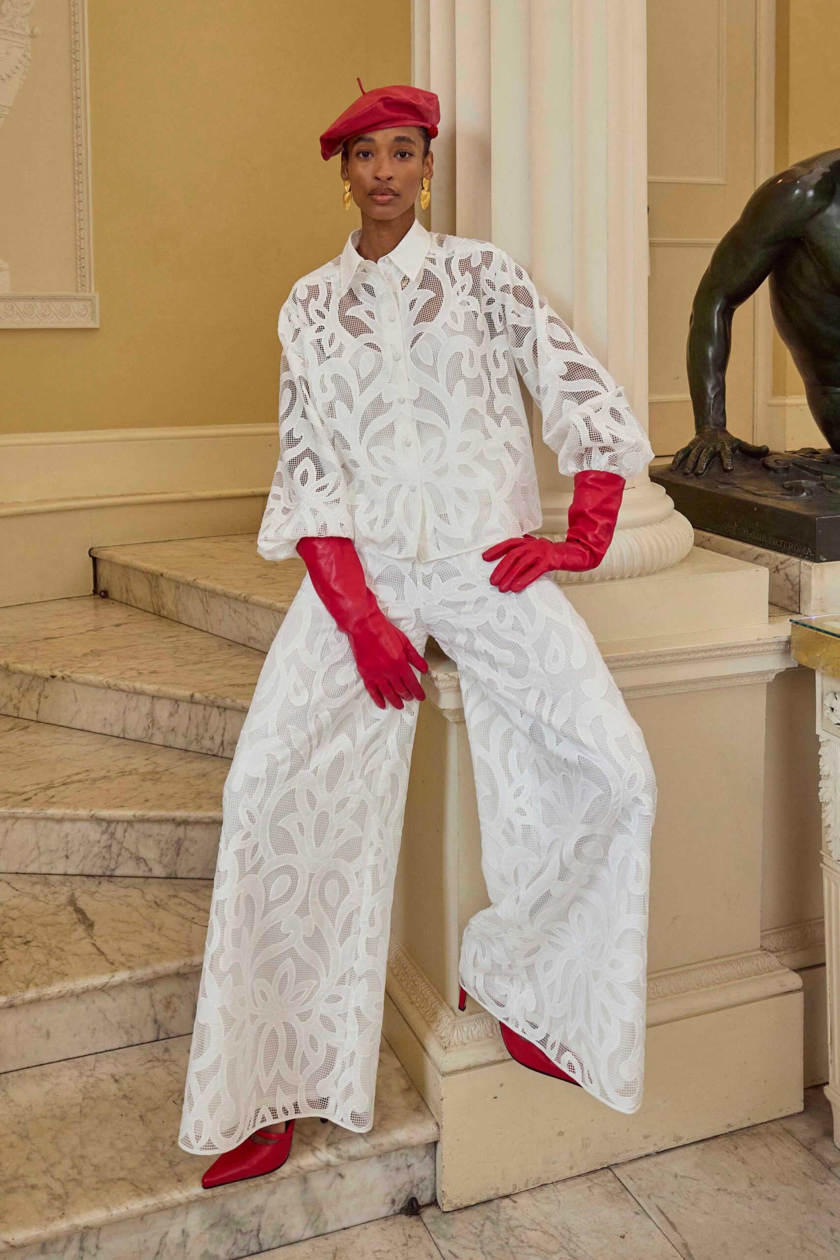 white lace long-sleeve collared relaxed embroidered shirt