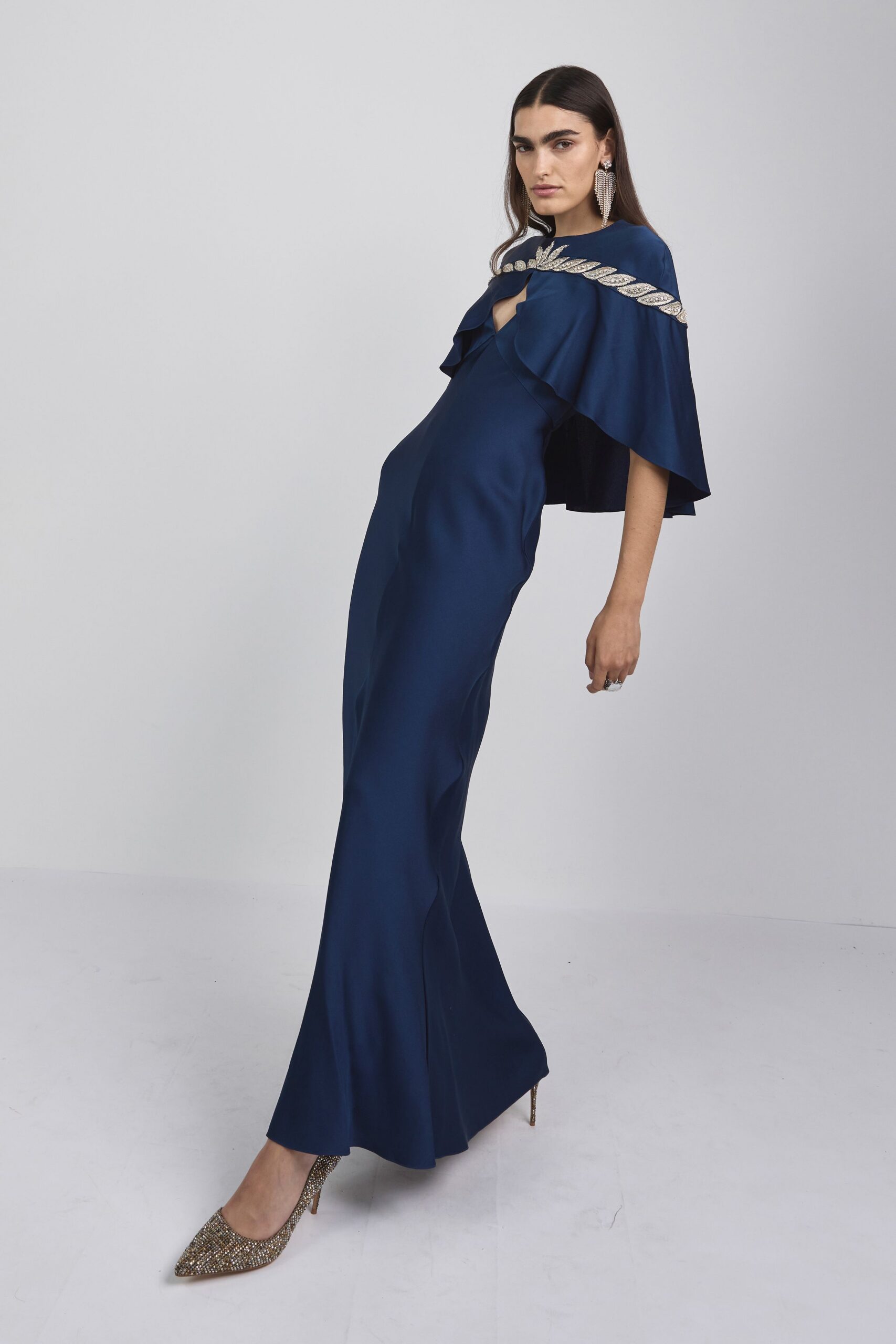 blue silk sleeveless structured draped cape