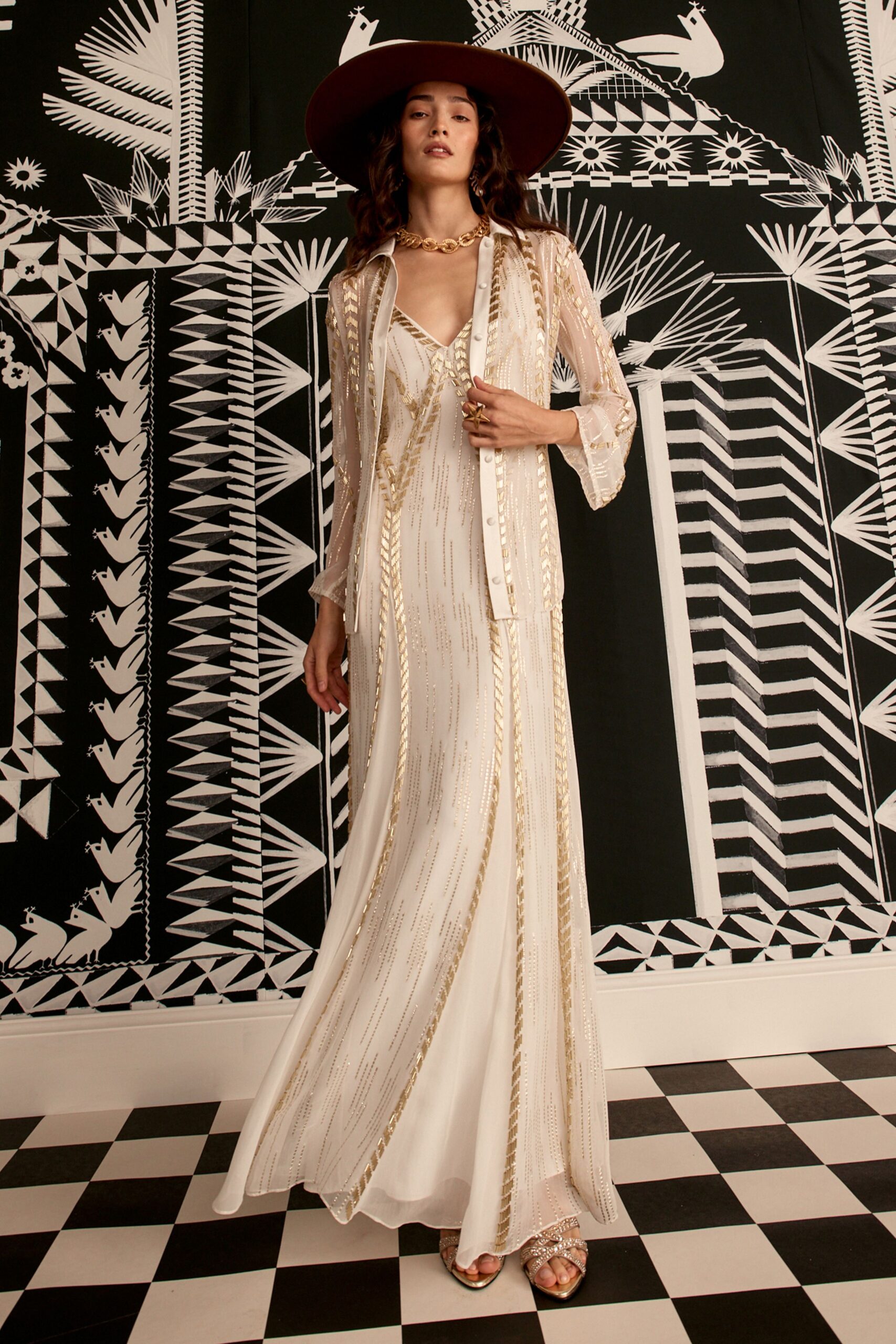 white chiffon long-sleeve collared relaxed embroidered jacket