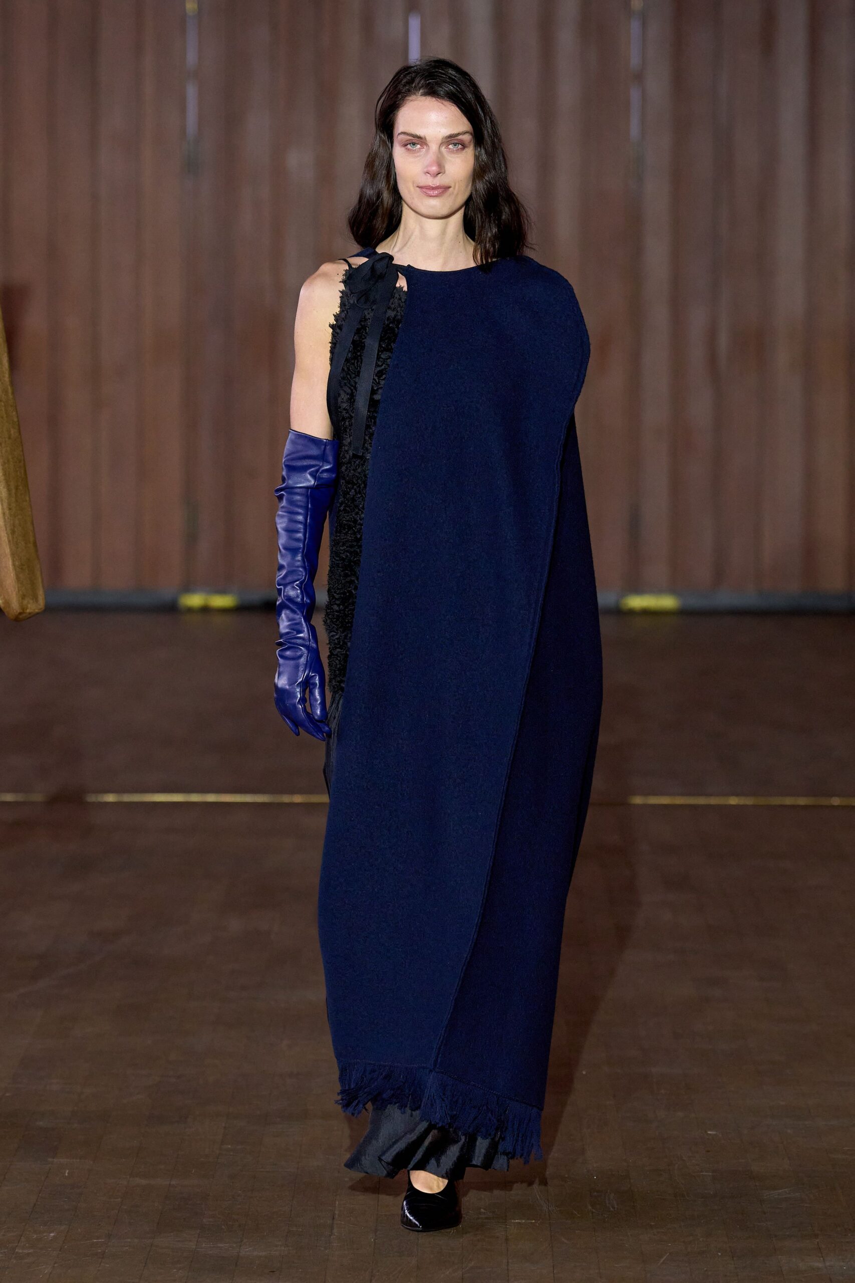blue wool sleeveless fitted fringed maxi dress