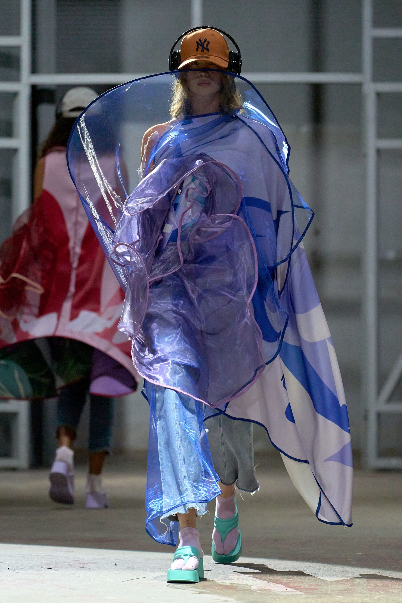 purple silk cape with denim pants