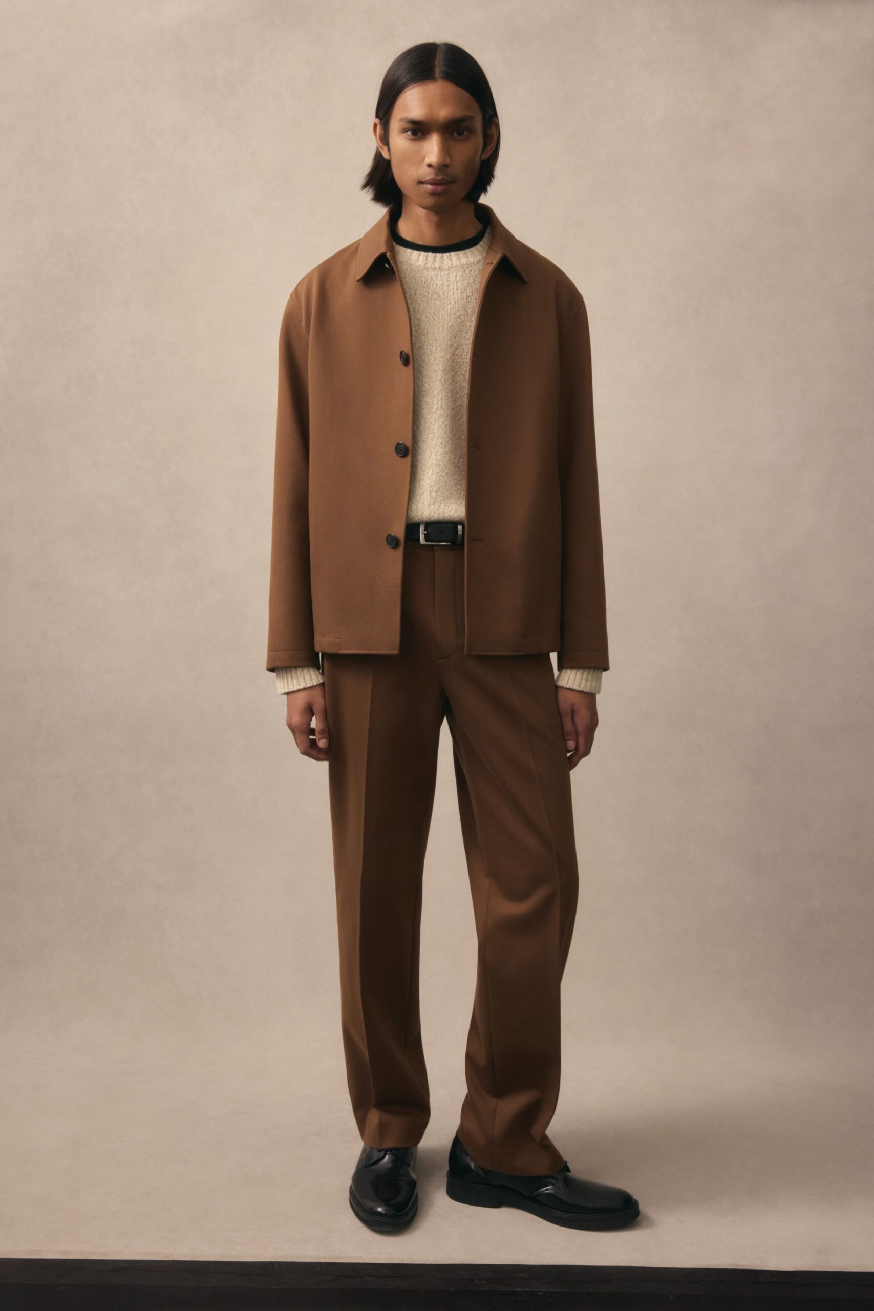 brown cotton long-sleeve collared tailored jacket