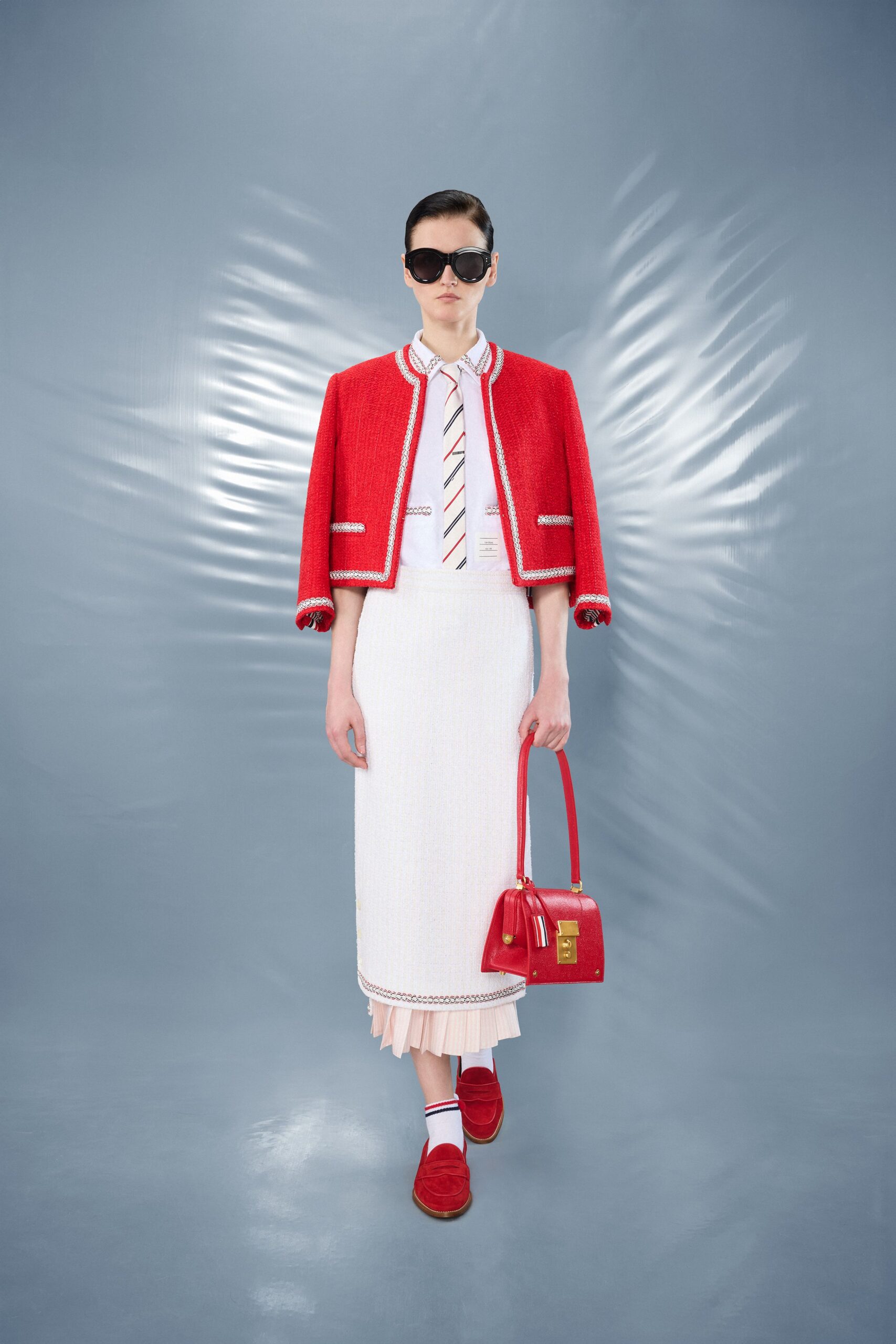 red cotton short-sleeve collared structured buttoned jacket