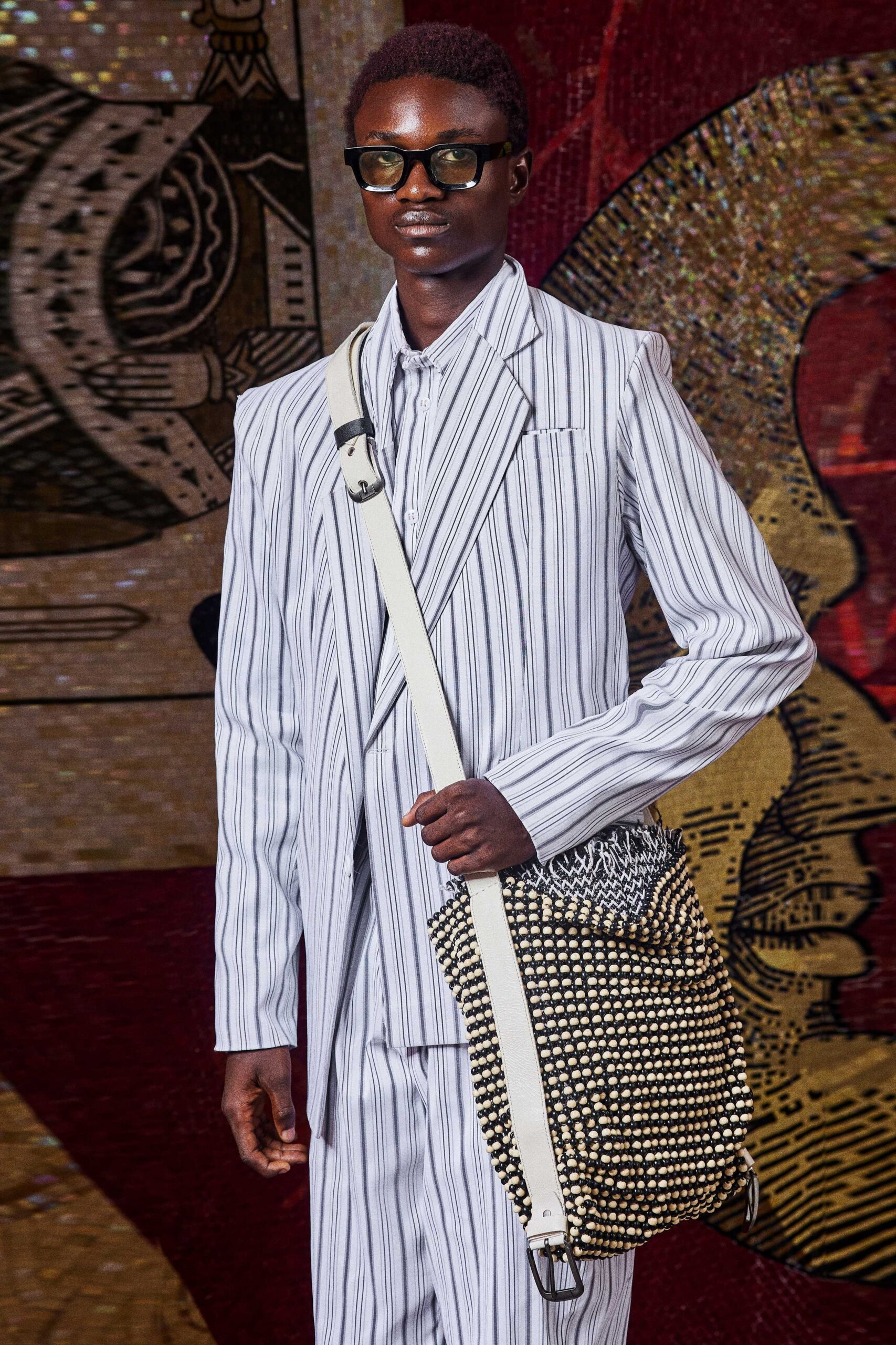 striped tailored suit with bag