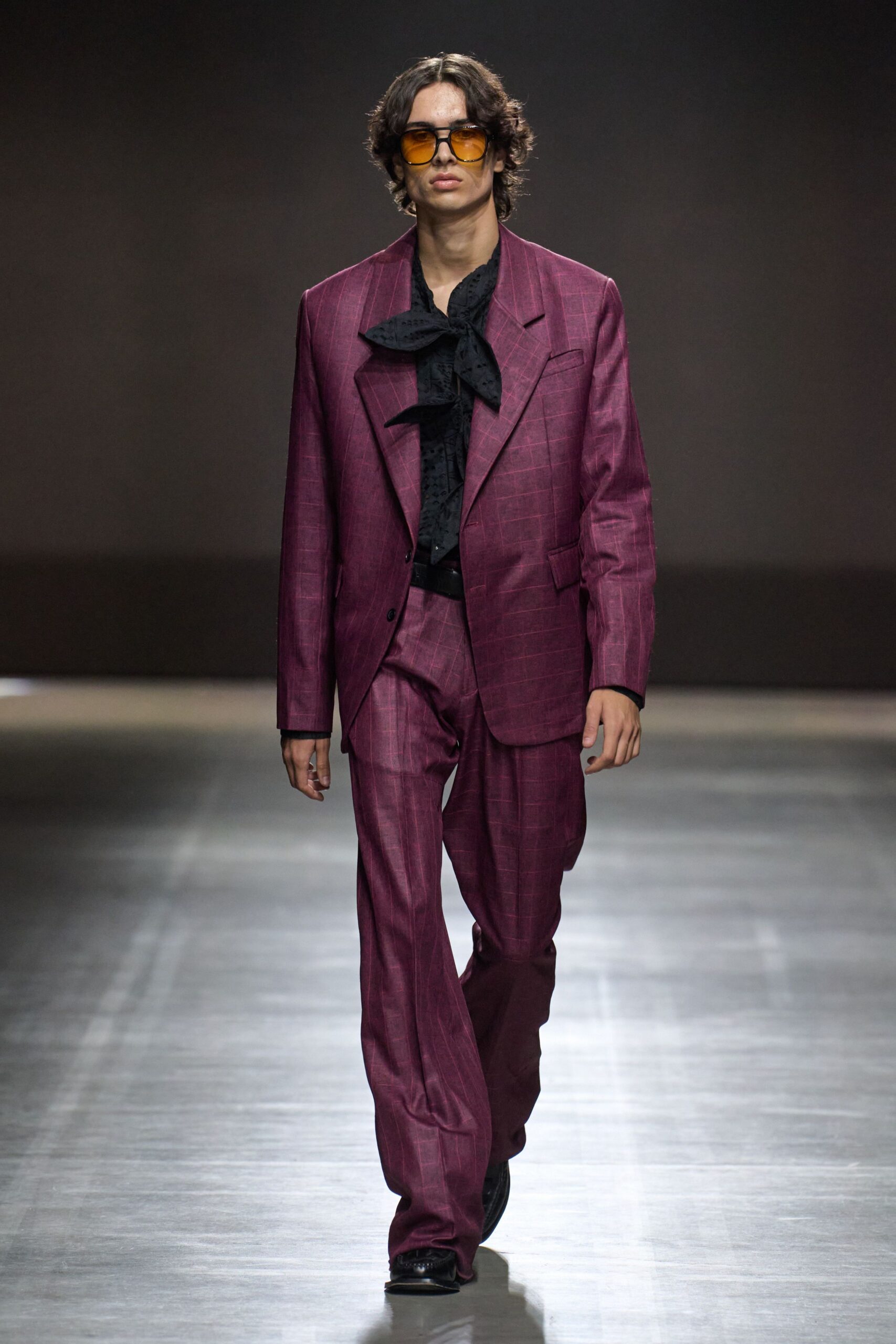 purple cotton long-sleeve collared tailored checked suit