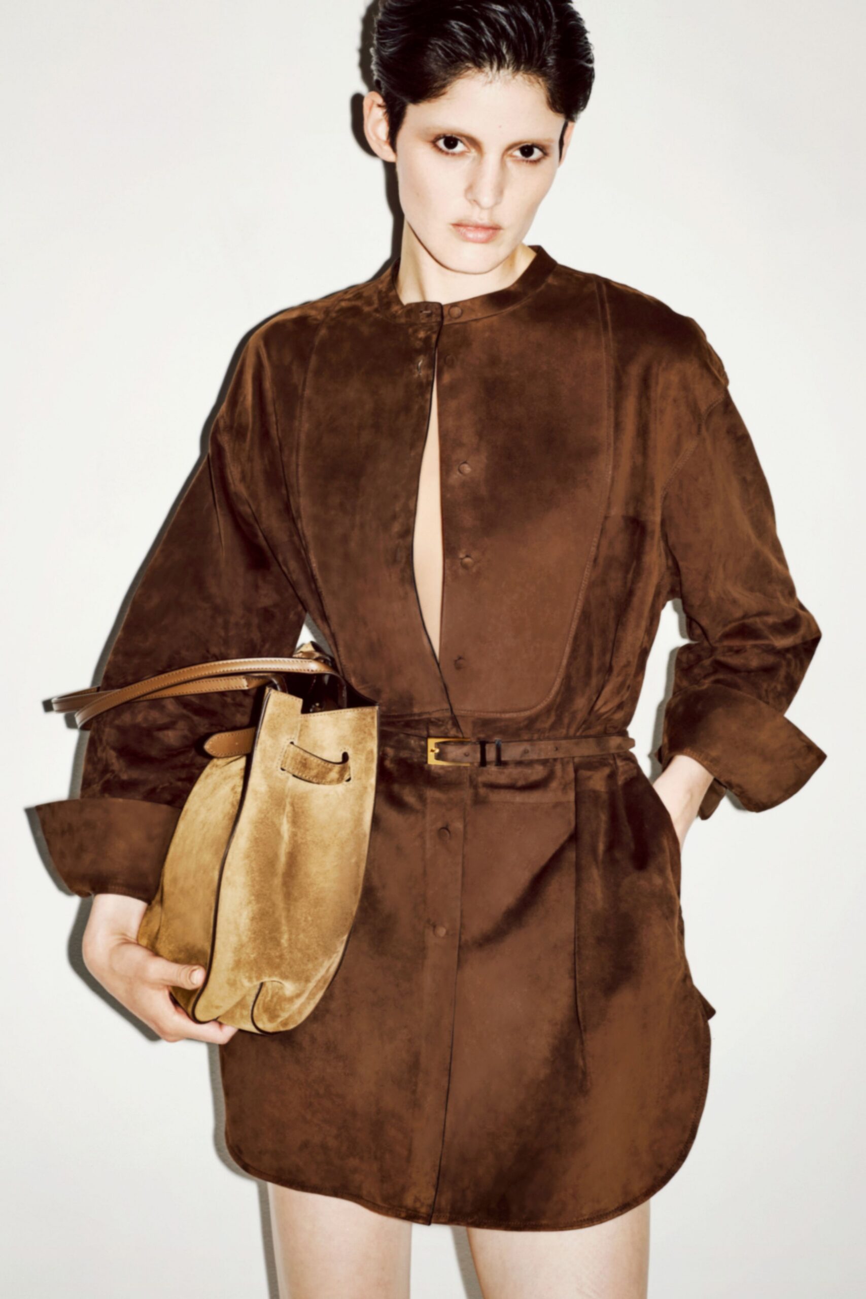 brown suede long-sleeve collared fitted buttoned belted dress