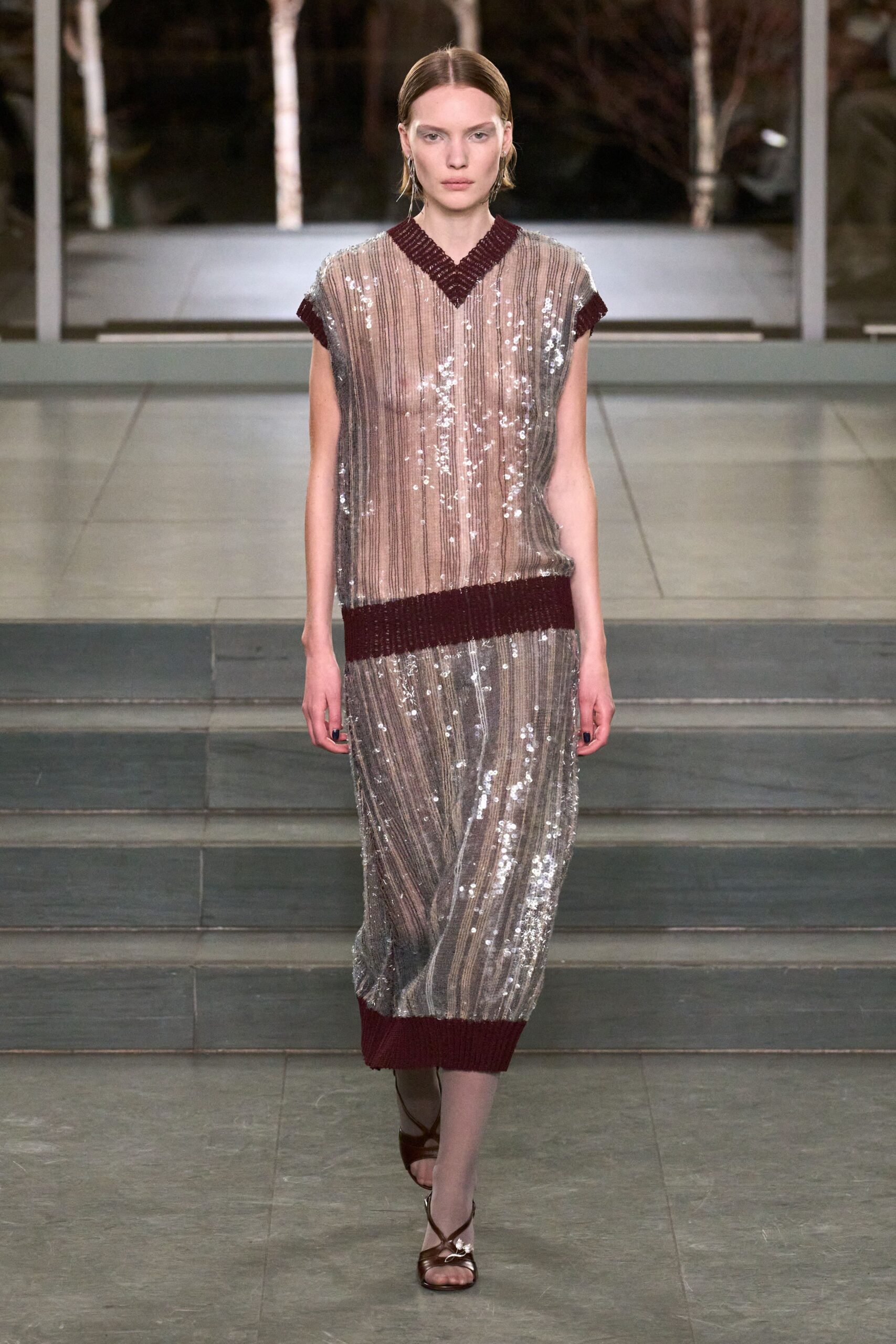 gray sequin short-sleeve v-neck fitted pleated embellished dress