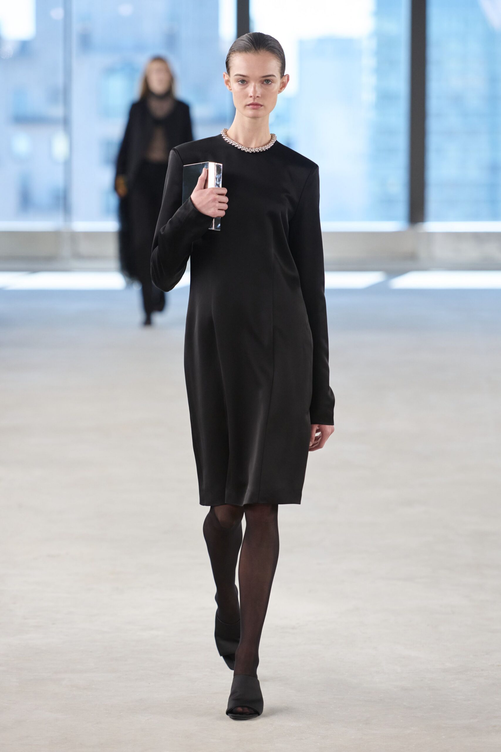 black silk long-sleeve collared fitted straight-leg mini dress