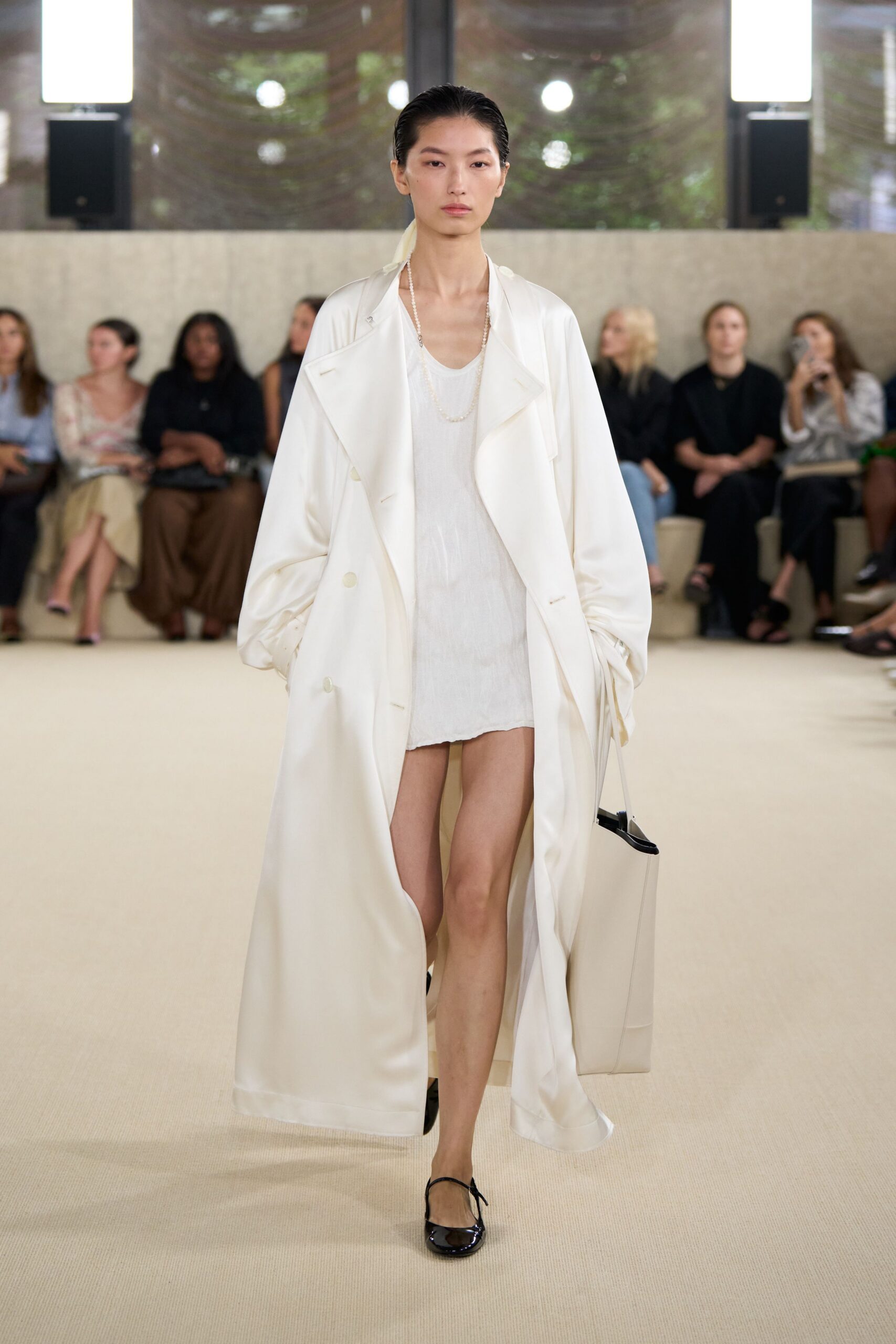 white silk long-sleeve collared relaxed buttoned maxi coat