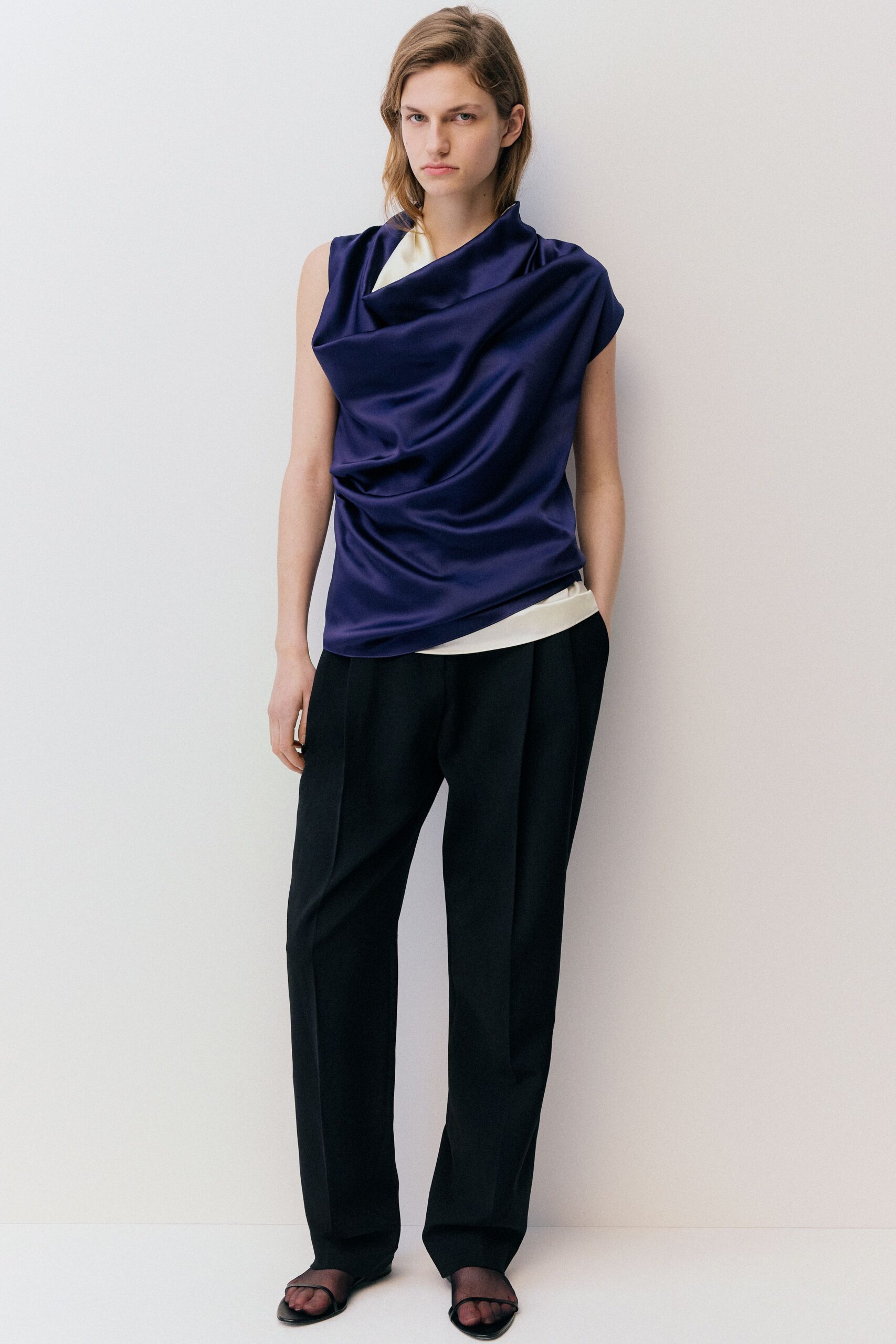 purple silk sleeveless relaxed draped top