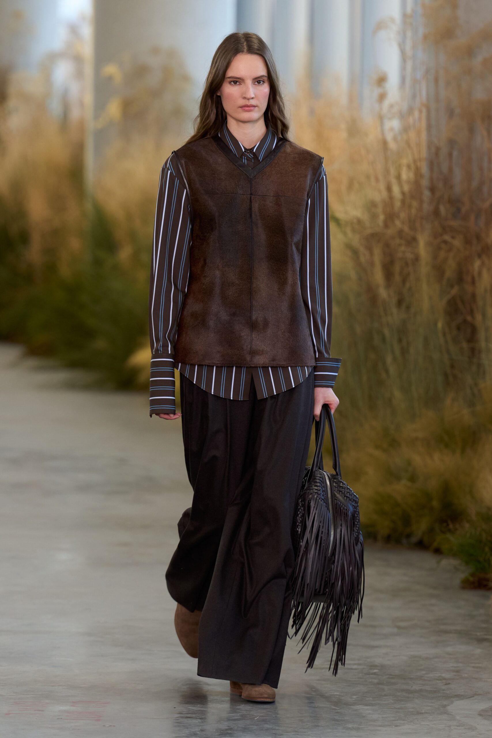 brown leather long-sleeve collared relaxed vest