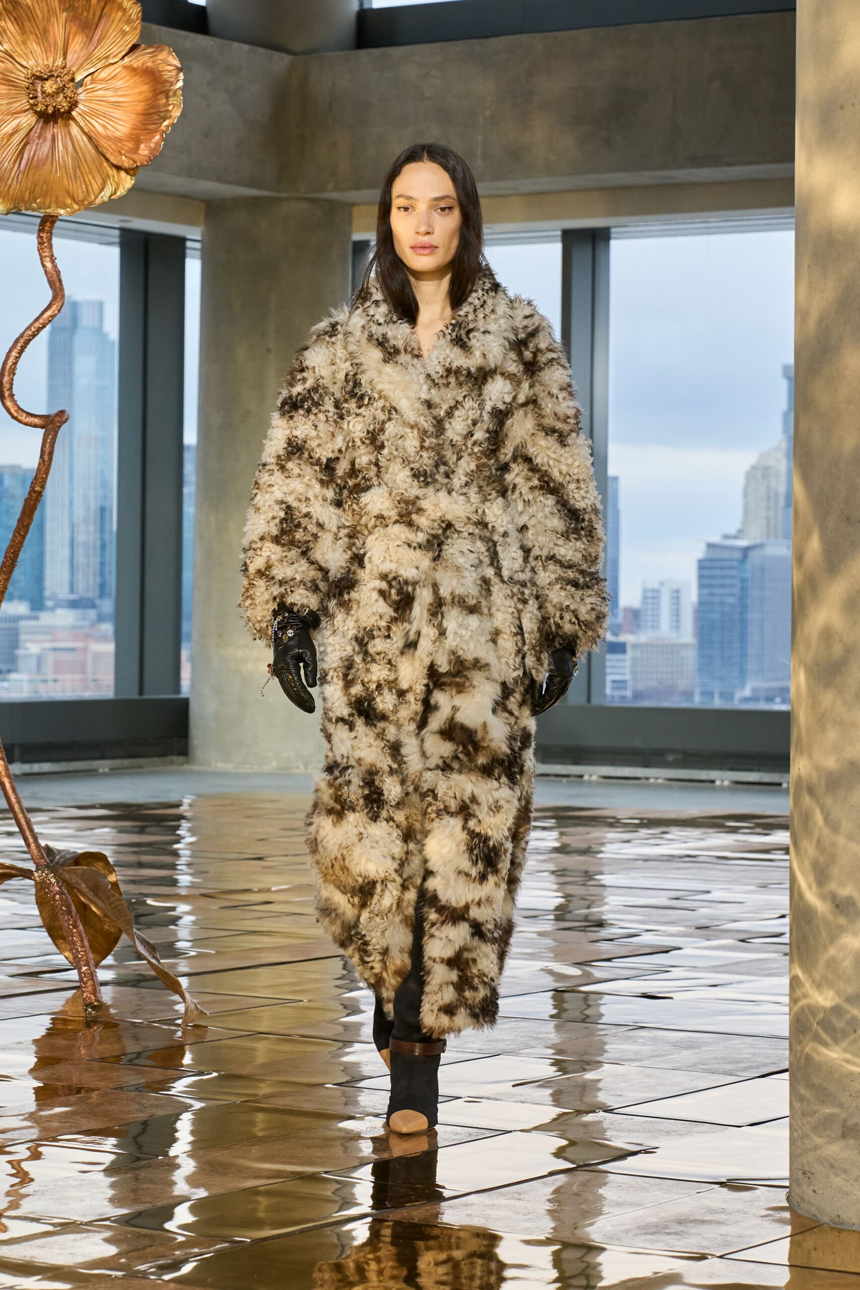 brown fur long-sleeve collared relaxed layered maxi coat