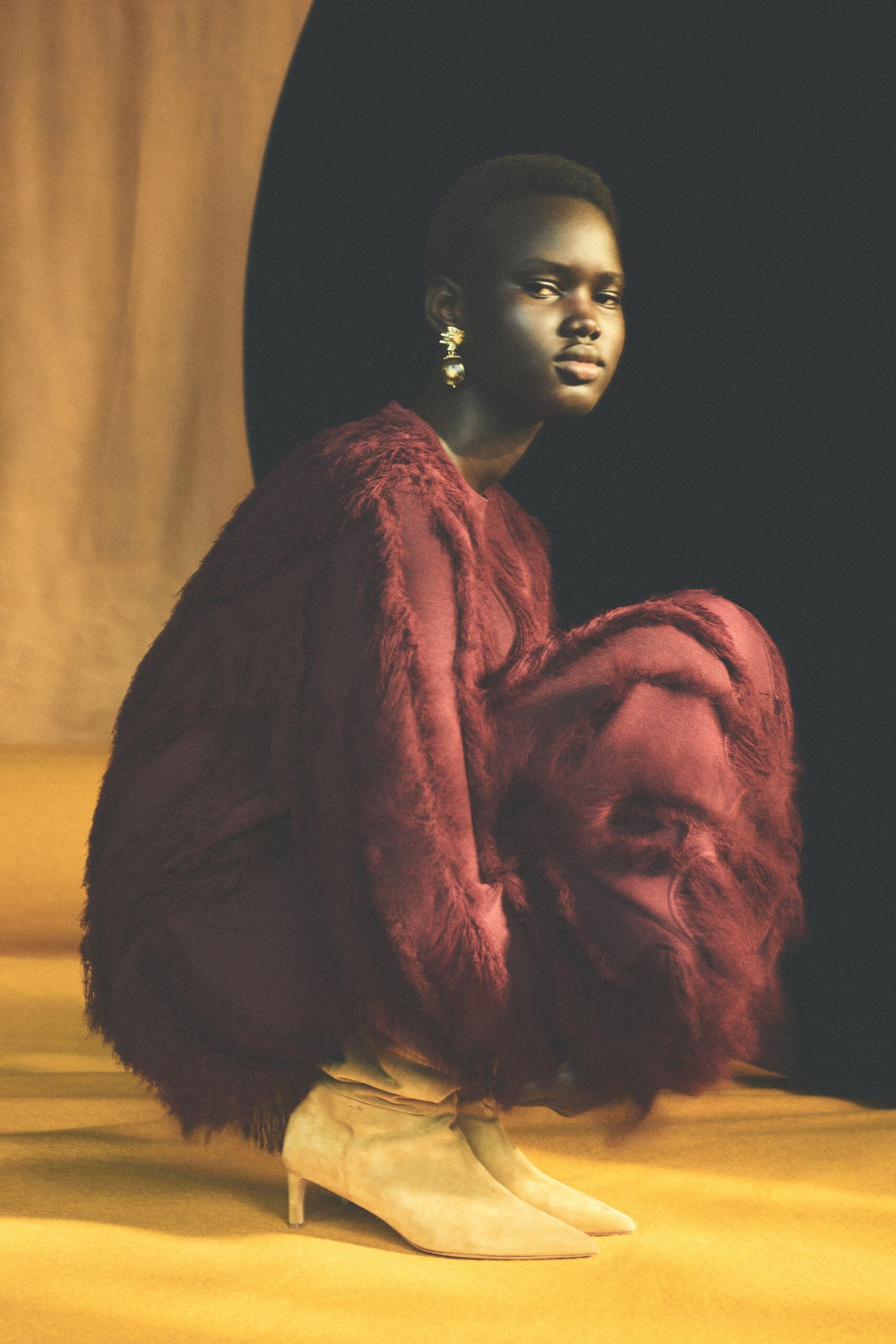 maroon fur long-sleeve relaxed fringed midi dress