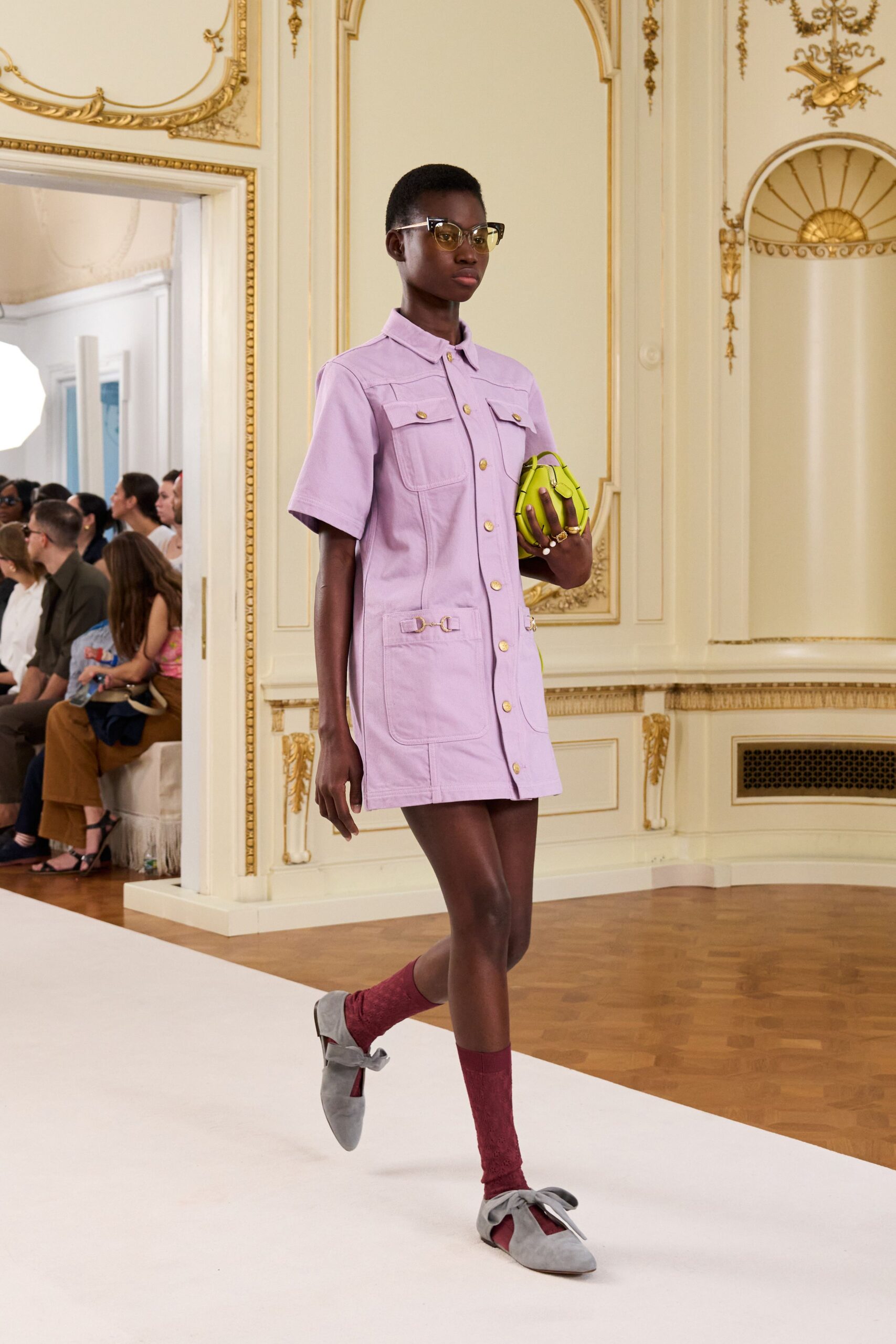 purple cotton short-sleeve collared fitted buttoned pockets dress