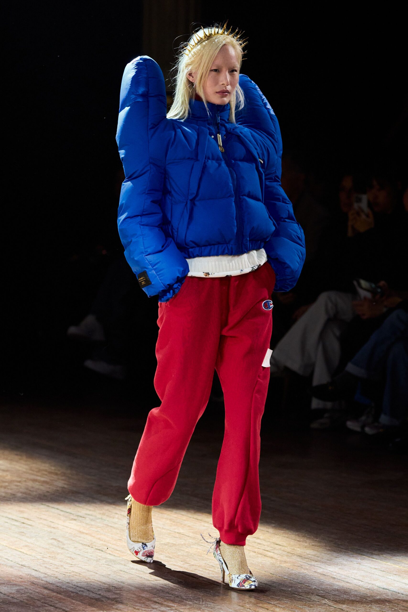 blue oversized jacket red pants