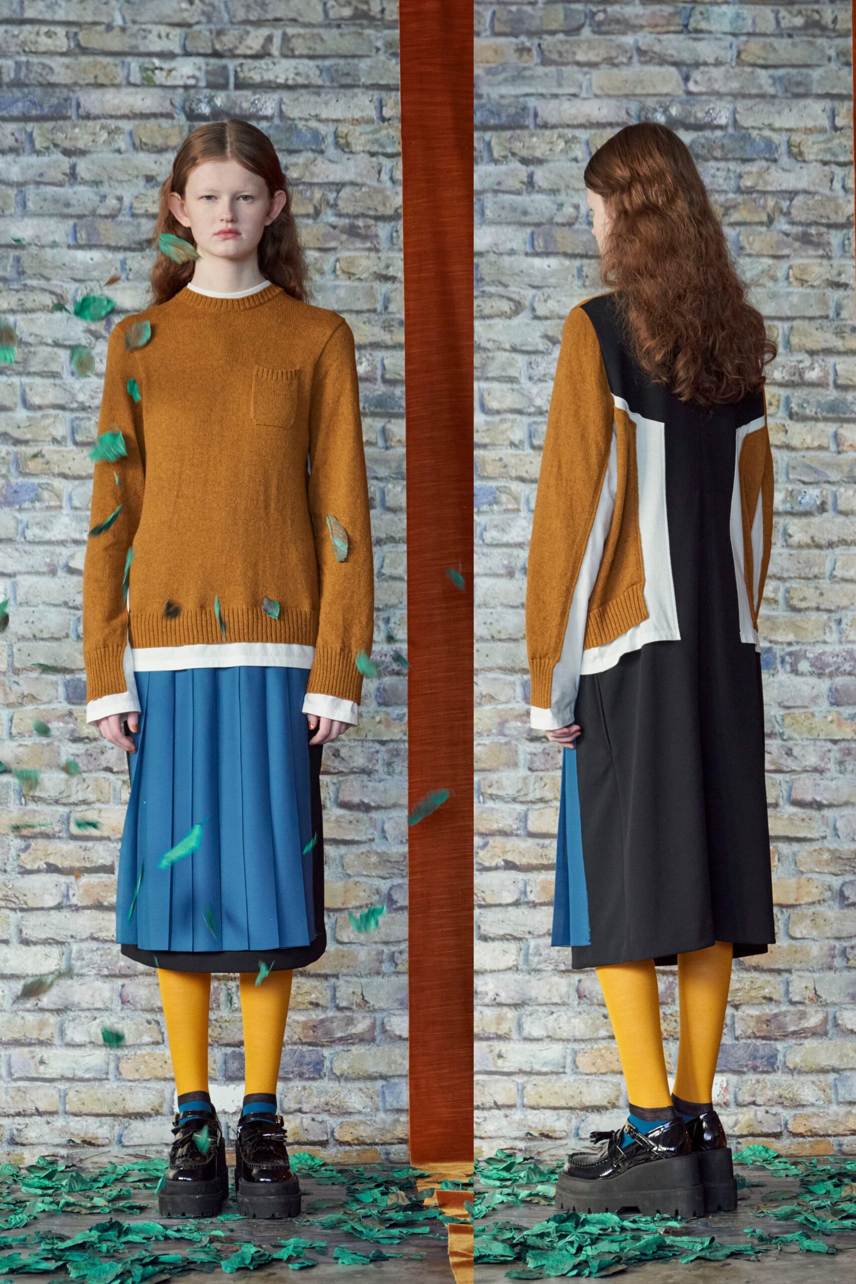 brown wool relaxed sweater with blue pleated skirt