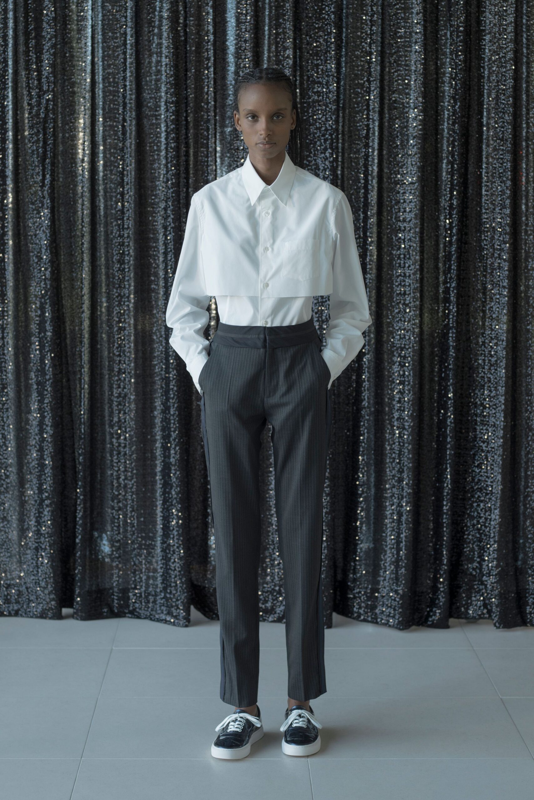 white fitted shirt gray tailored pants