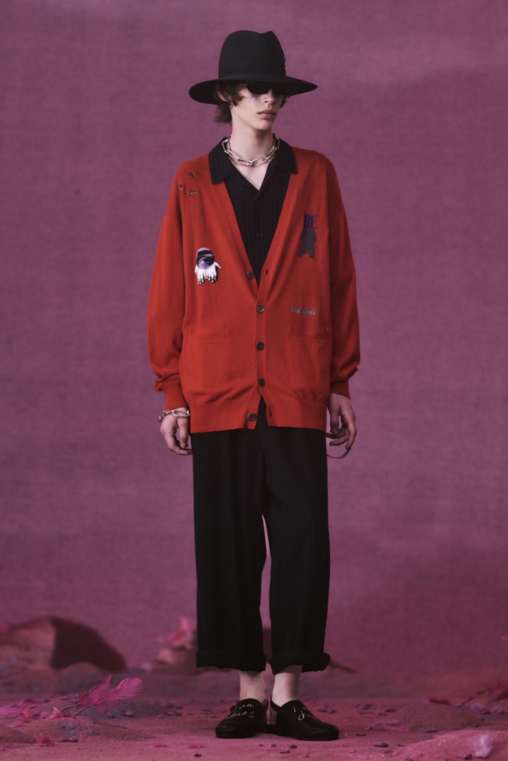 red cotton long-sleeve collared relaxed embroidered cardigan
