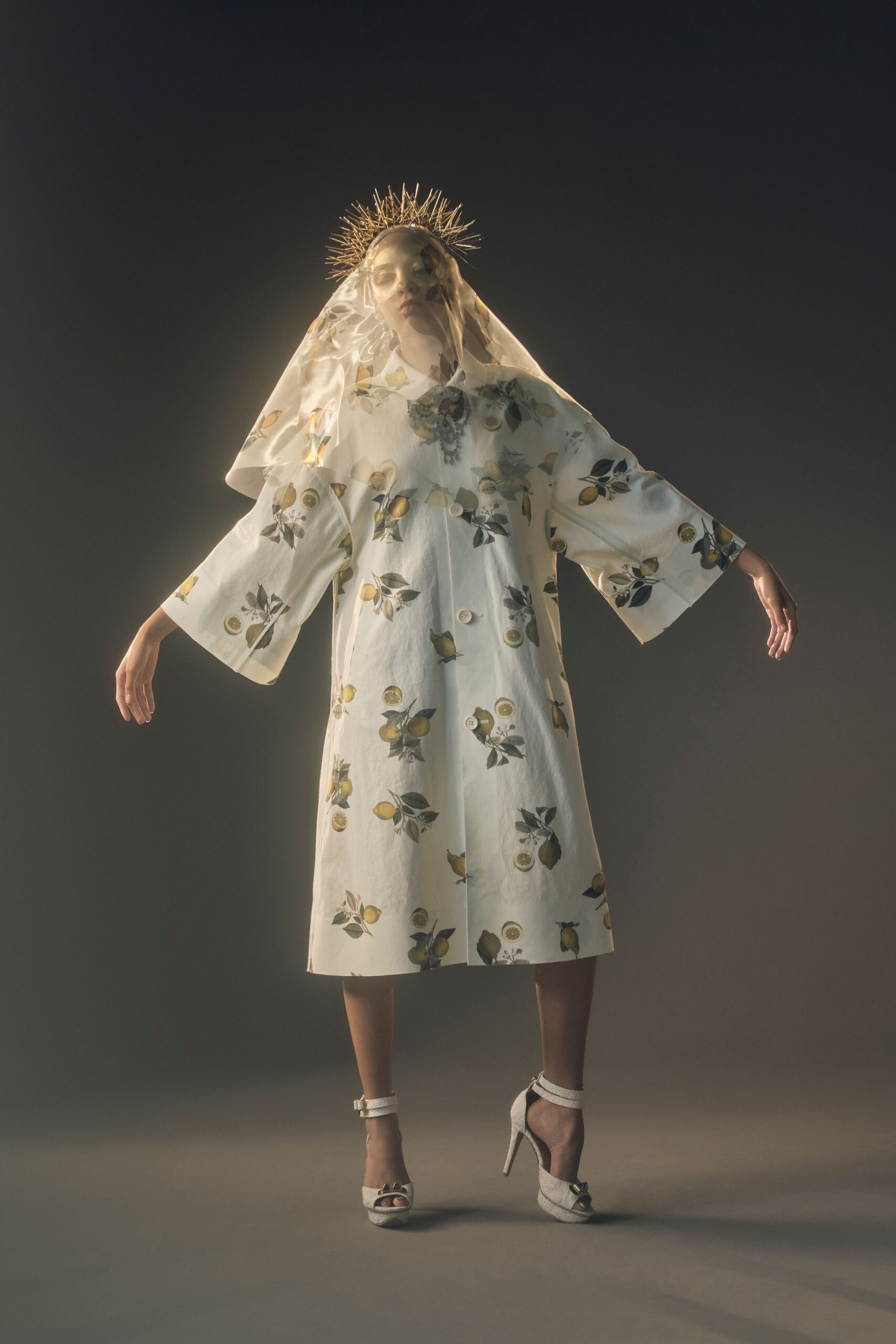 white cotton long-sleeve collared relaxed embroidered midi coat