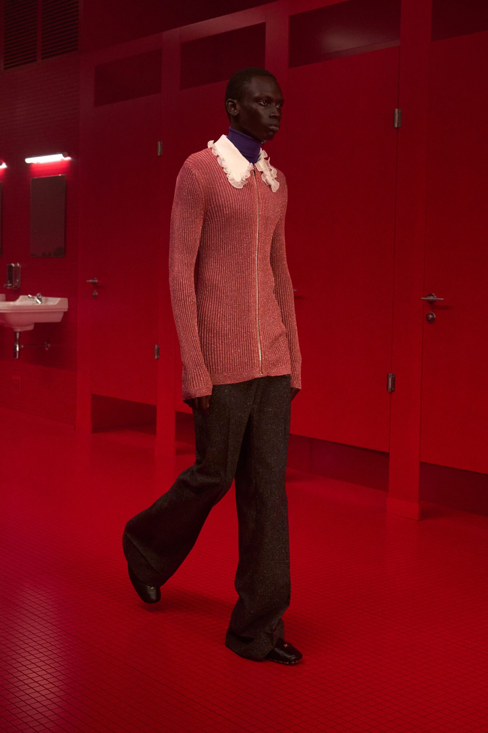 red wool long-sleeve collared relaxed ribbed cardigan
