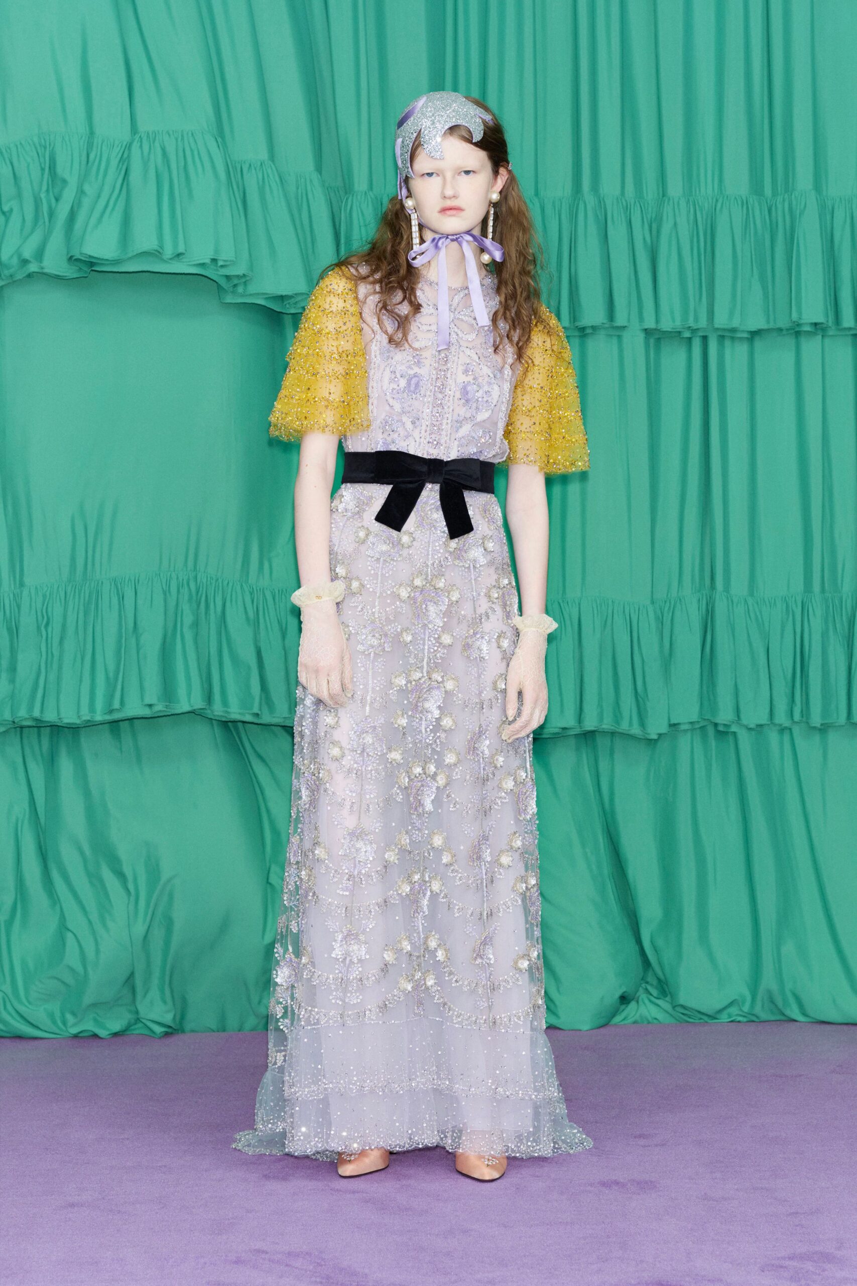 purple silk short-sleeve collared fitted embroidered layered gown