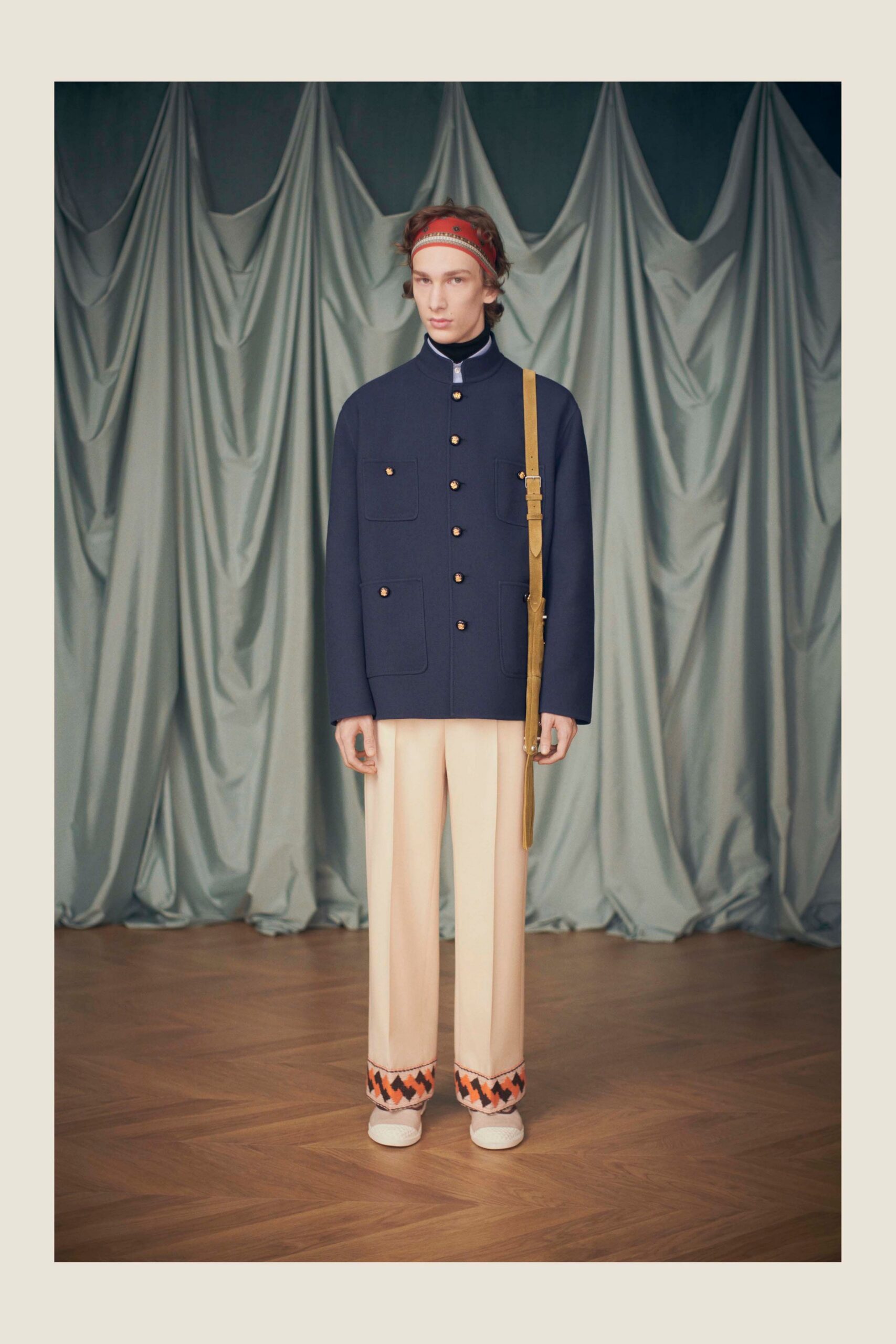 blue cotton long-sleeve collared structured buttoned jacket