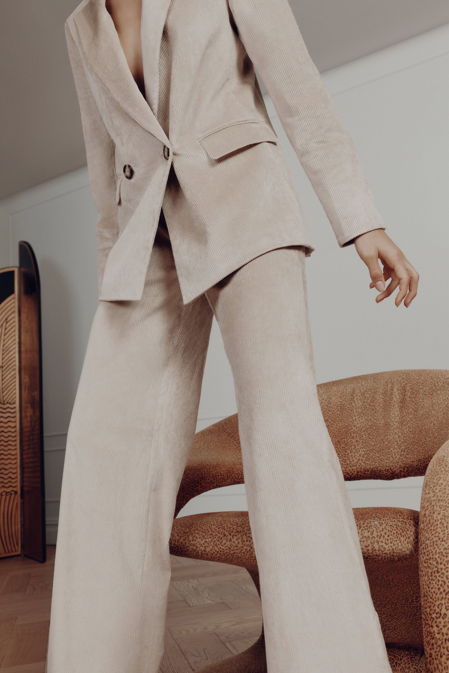 beige corduroy tailored blazer and pants