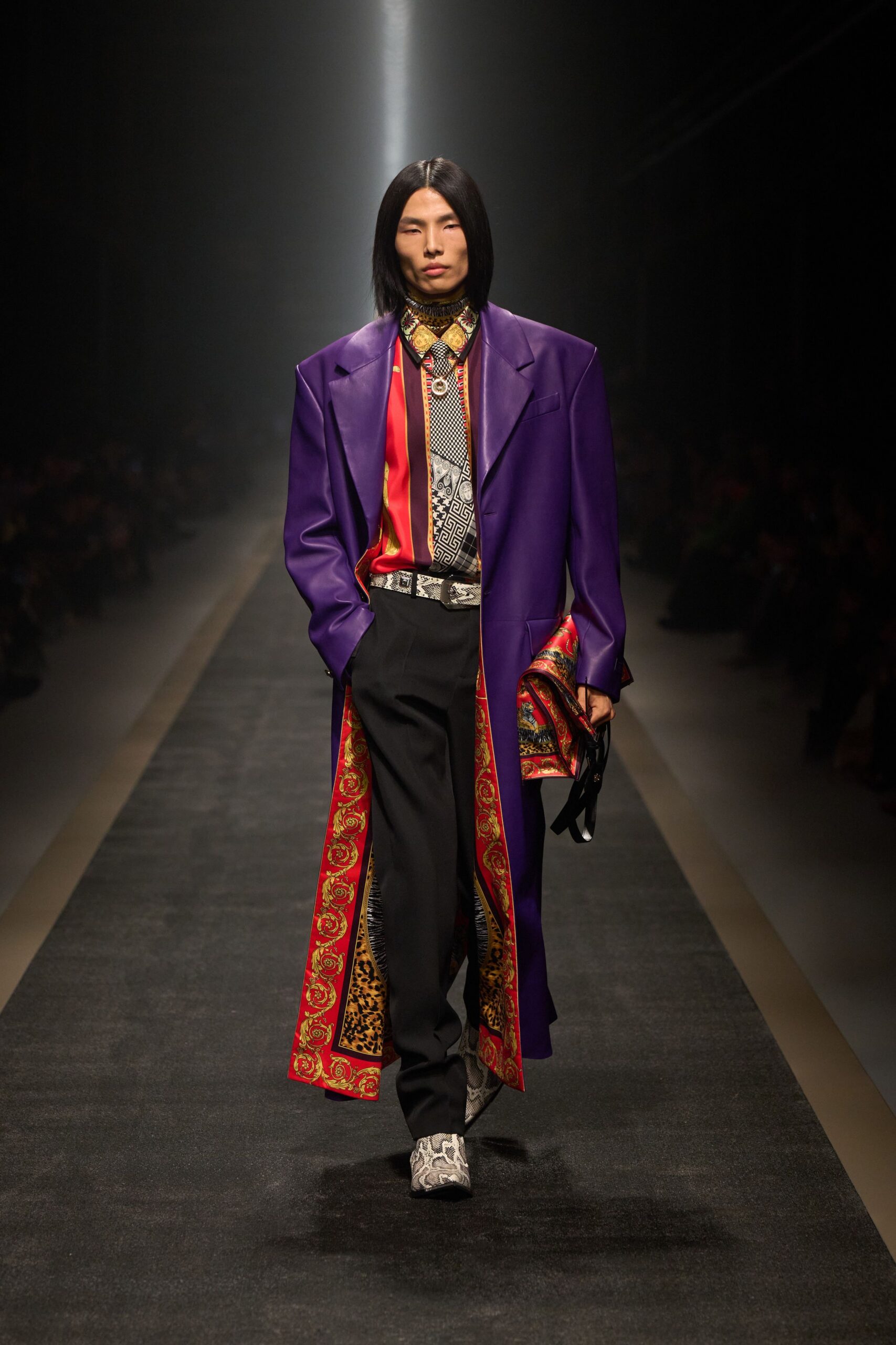 purple embroidered coat with printed shirt
