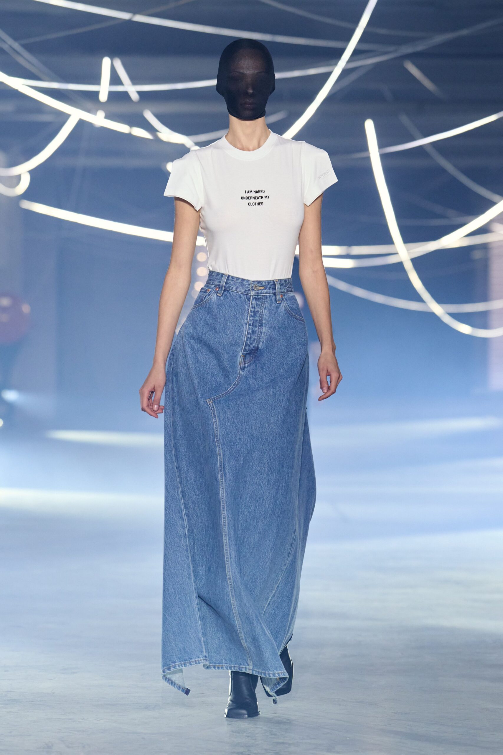 blue denim long-sleeve high-waisted straight-leg maxi skirt
