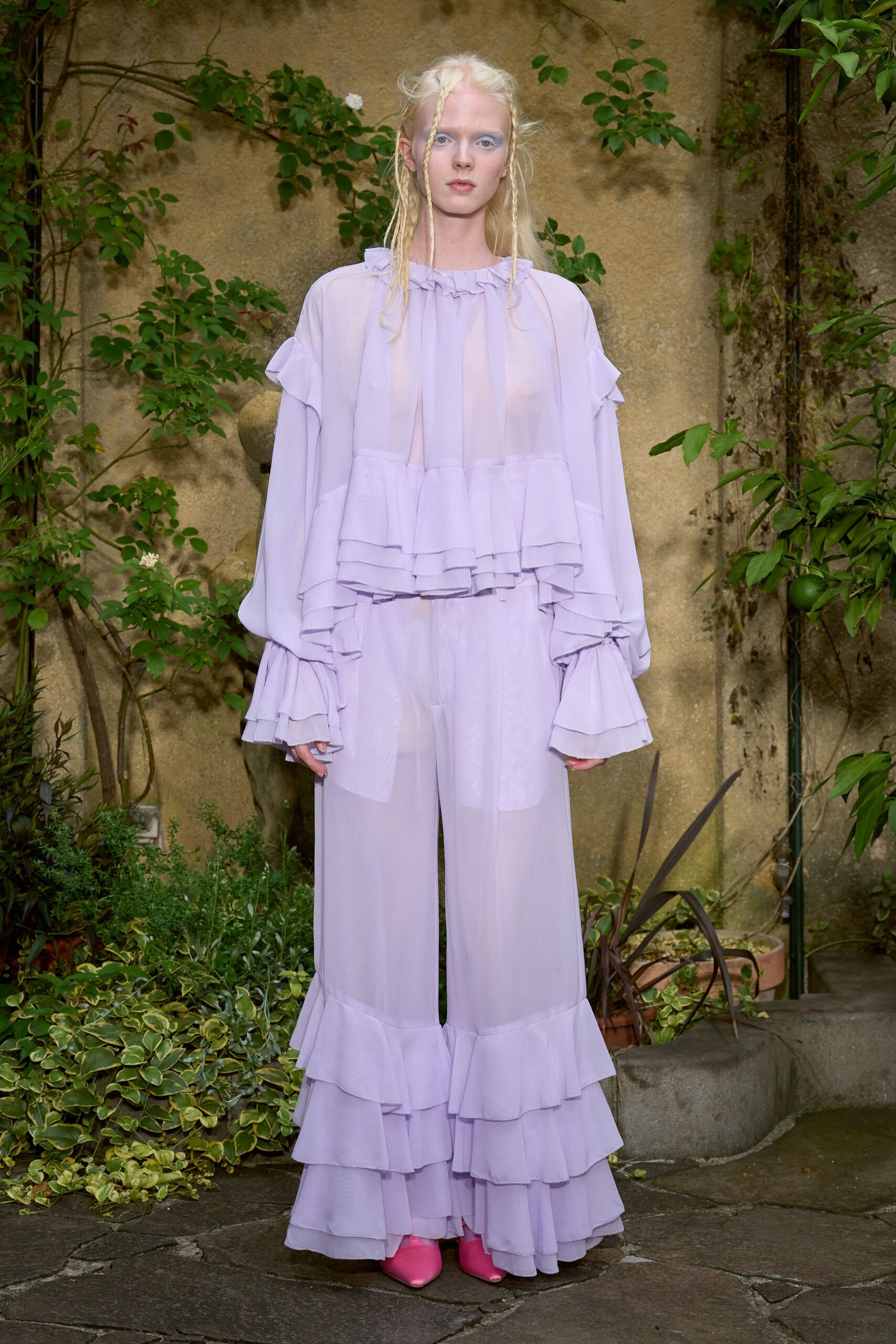 purple chiffon relaxed ruffled layered flowing pants