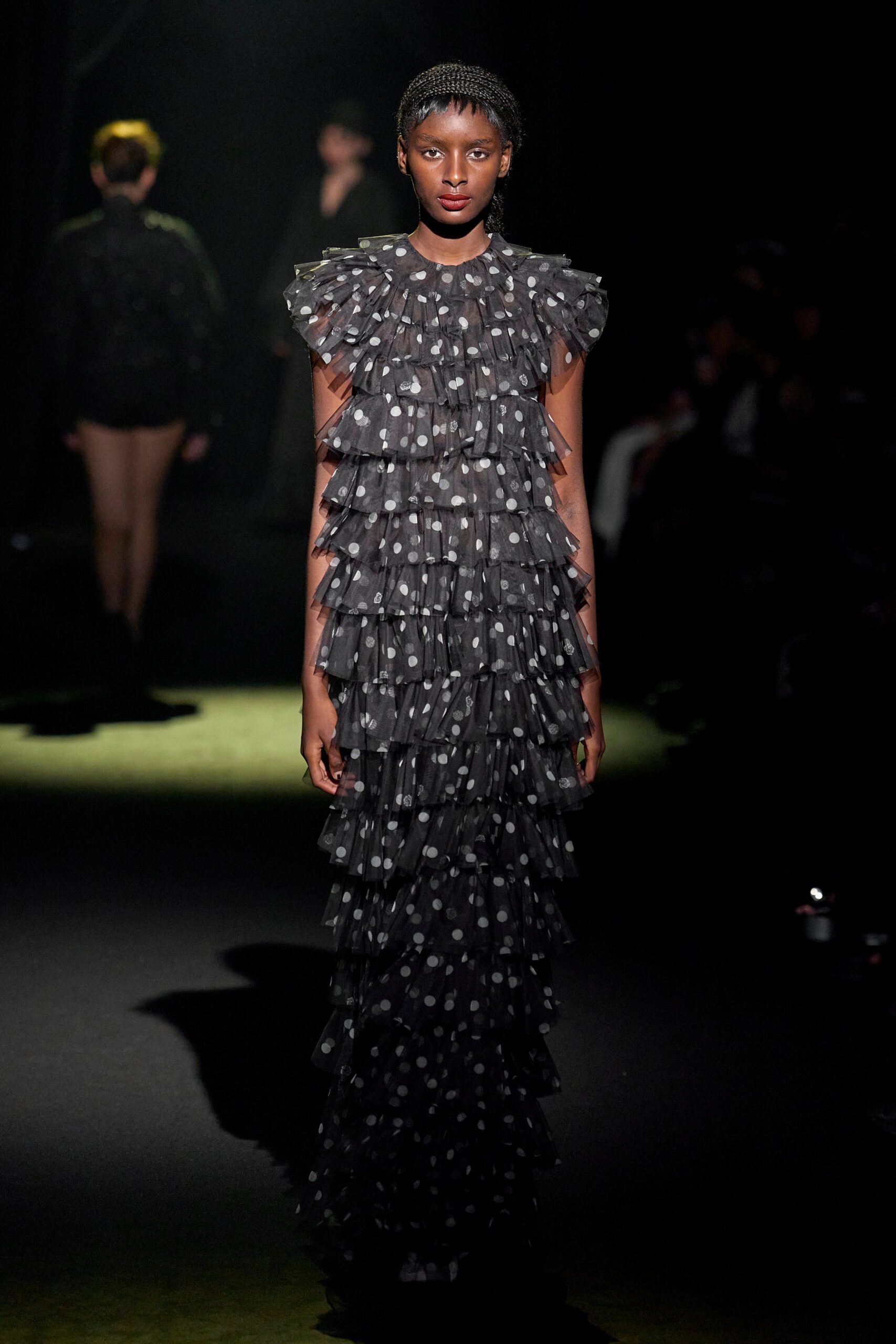black tiered polka-dot gown